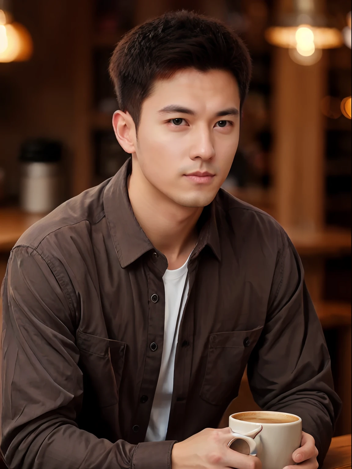 a 30 year old muscular male wearing long sleeve casual shirt, drinking coffee, soft lighting, masterpiece, best quality, 8k uhd, dslr, film grain, Fujifilm XT3 photorealistic painting,