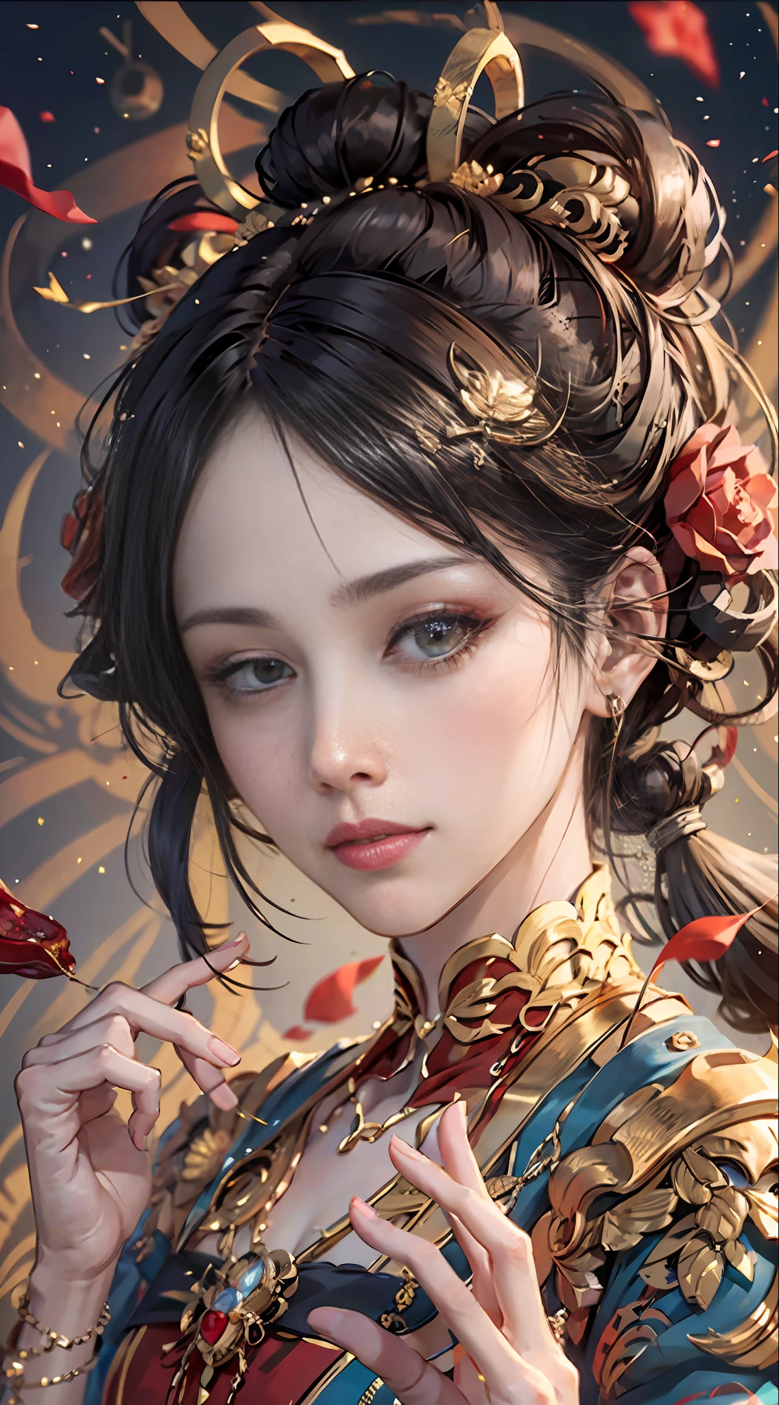 Best Quality, Masterpiece, Ultra Detail, Extreme Detail, 8k Wallpaper, Realistic Details, Movie Lighting, Dynamic Angle, World Mastery Theater, Best Quality, Extremely Delicate Beautiful Girl, Perfect Face, Delicate Facial Features, Perfect Hands, Delicate Eyelashes, Delicate Eyes, Ancient Chinese Hairstyle, Peking Opera, Horror, Spooky Atmosphere, Darkness, Red Lantern, Spirit Rune, Golden Ratio, Messy, Bust, Melancholy Expression, Small Laugh, Red Tears, Rose Petals, Red Candles, Side Look