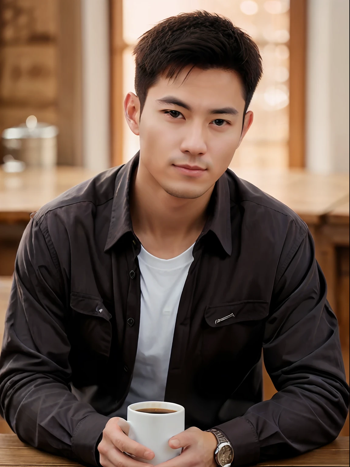 a 30 year old muscular male wearing long sleeve casual shirt, drinking coffee, soft lighting, masterpiece, best quality, 8k uhd, dslr, film grain, Fujifilm XT3 photorealistic painting,