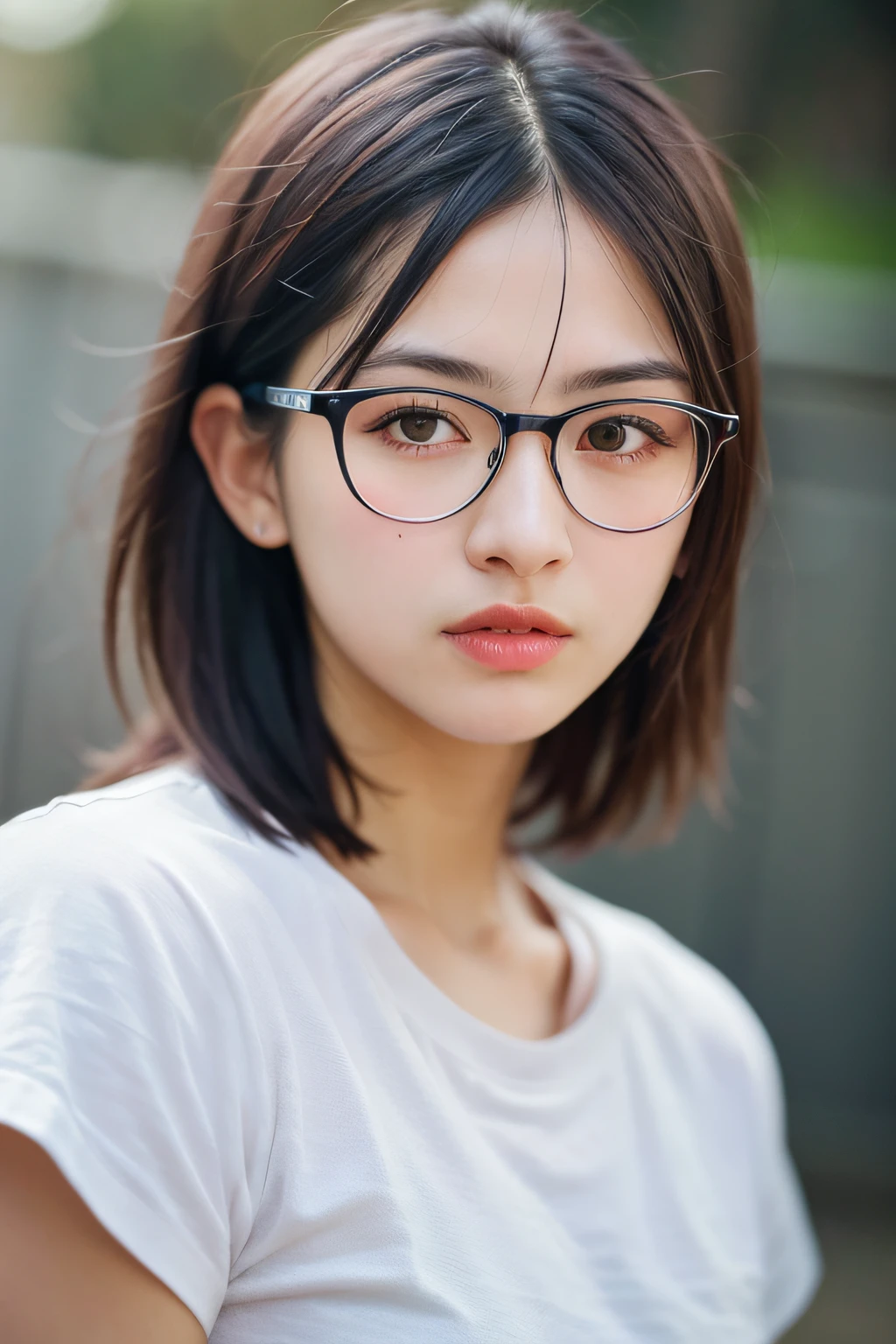 dressed, (photo realistic:1.4), (hyper realistic:1.4), (realistic:1.3),
(smoother lighting:1.05), (increase cinematic lighting quality:0.9), 32K,
1girl with glasses,round glasses,20yo girl, short messy hair, realistic lighting, backlighting, light on face, ray trace, (brightening light:1.2), (Increase quality:1.4),
(best quality real texture skin:1.4), finely detailed eyes, finely detailed face, finely quality eyes,
(tired and sleepy and satisfied:0.0), face closeup, t-shirts,
(Increase body line mood:1.1), (Increase skin texture beauty:1.1)
