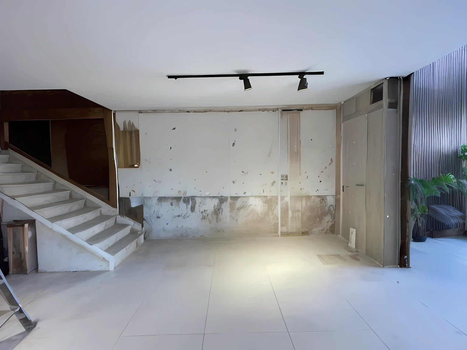 there is a room with a staircase and a wall with mold, the backrooms are empty, photo from 2022, an empty liminal space, completely filled space, photo taken in 2 0 2 0, living room with split levels, sparse room, 2 5 6 x 2 5 6, 256x256, tv wall decoration with cabinet