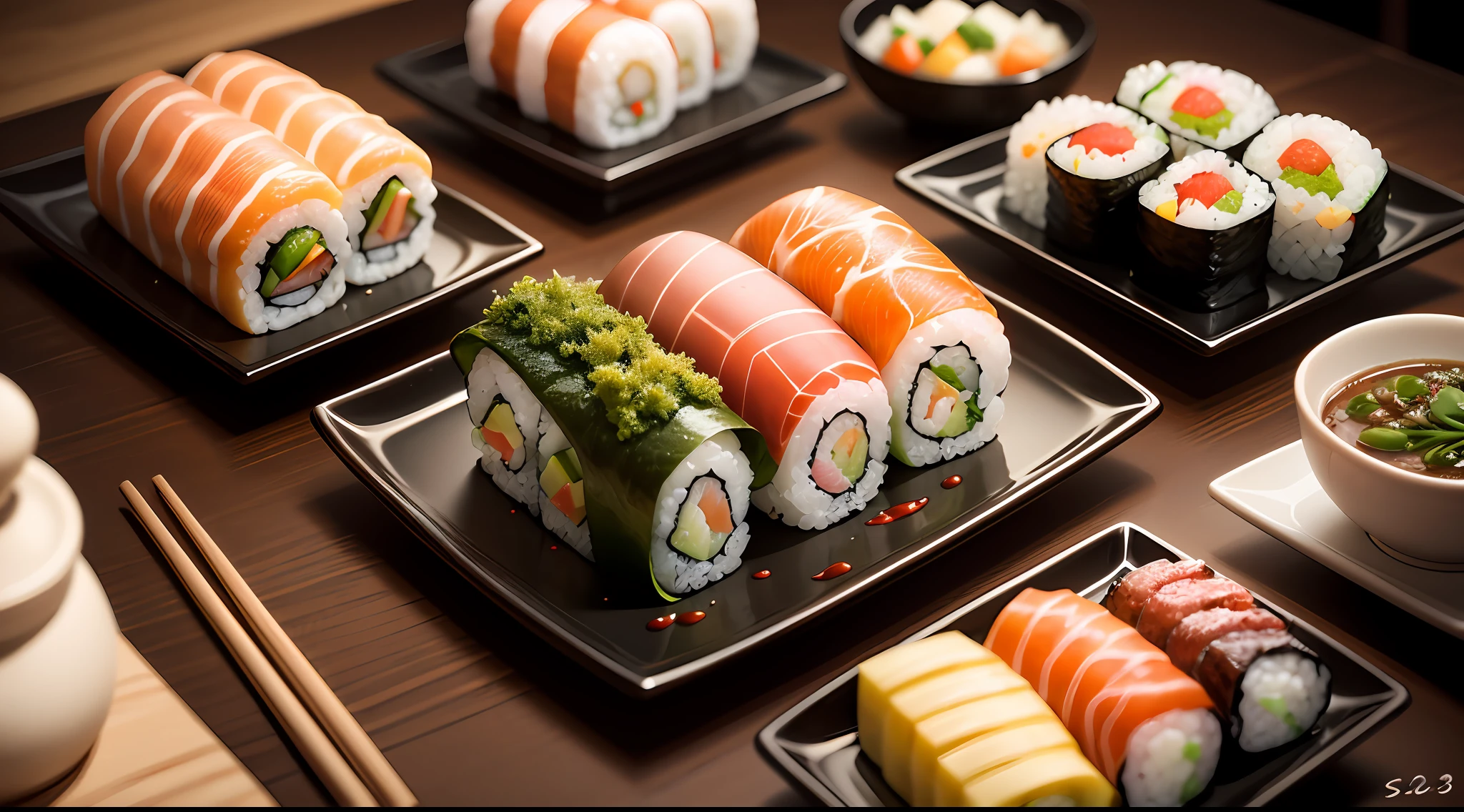 assorted colorful sushi, Contemporary, professional Michelin Star gourmet food photography, depth of field –s 300 –q 2 --auto