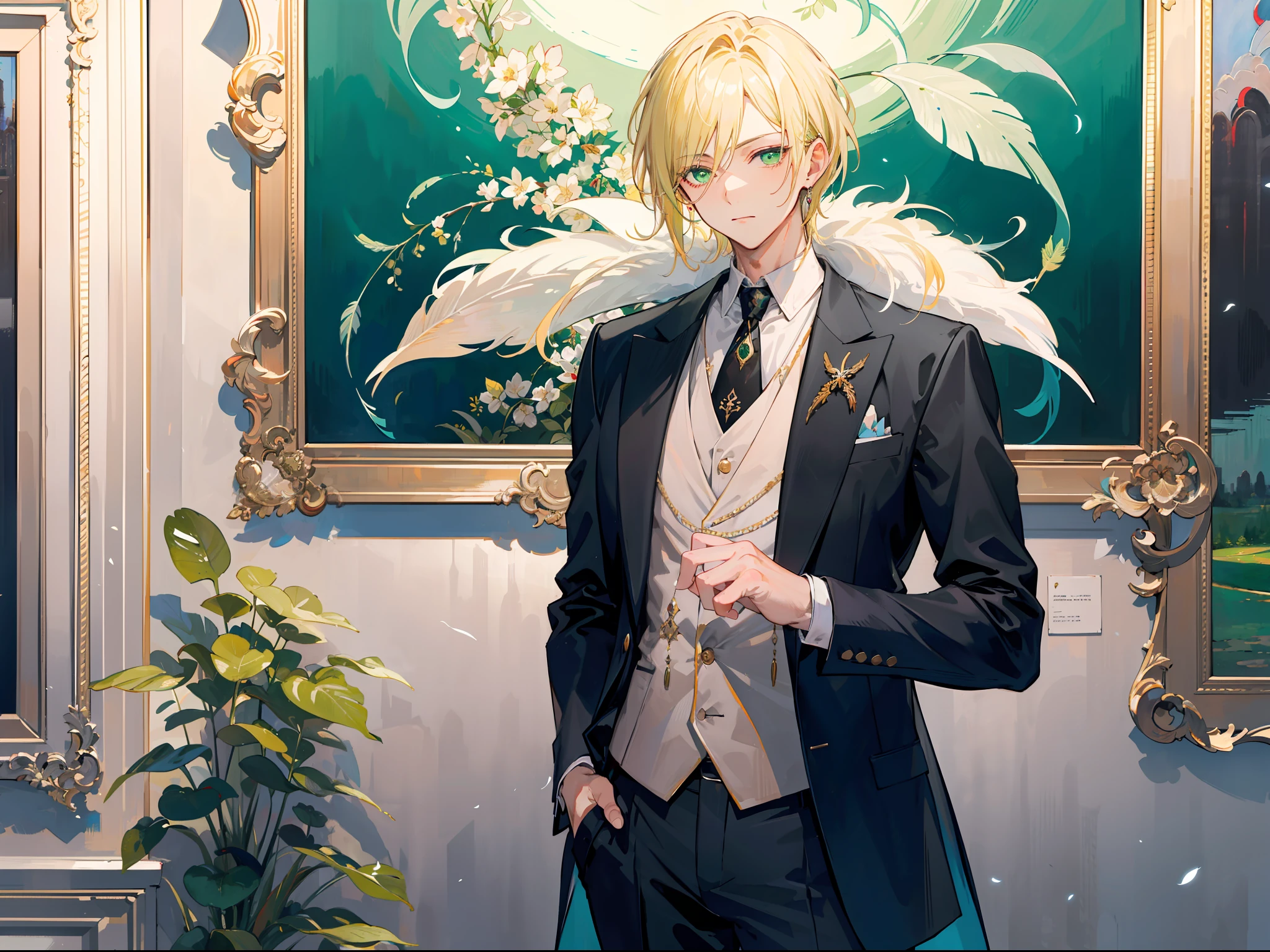 "A distinguished one mature male with blonde stylish hair and mesmerizing green zamrud eyes, dressed in an exquisite suit embellished with elegant feathers. He noticed the beautiful painting in front of him in the art gallery."