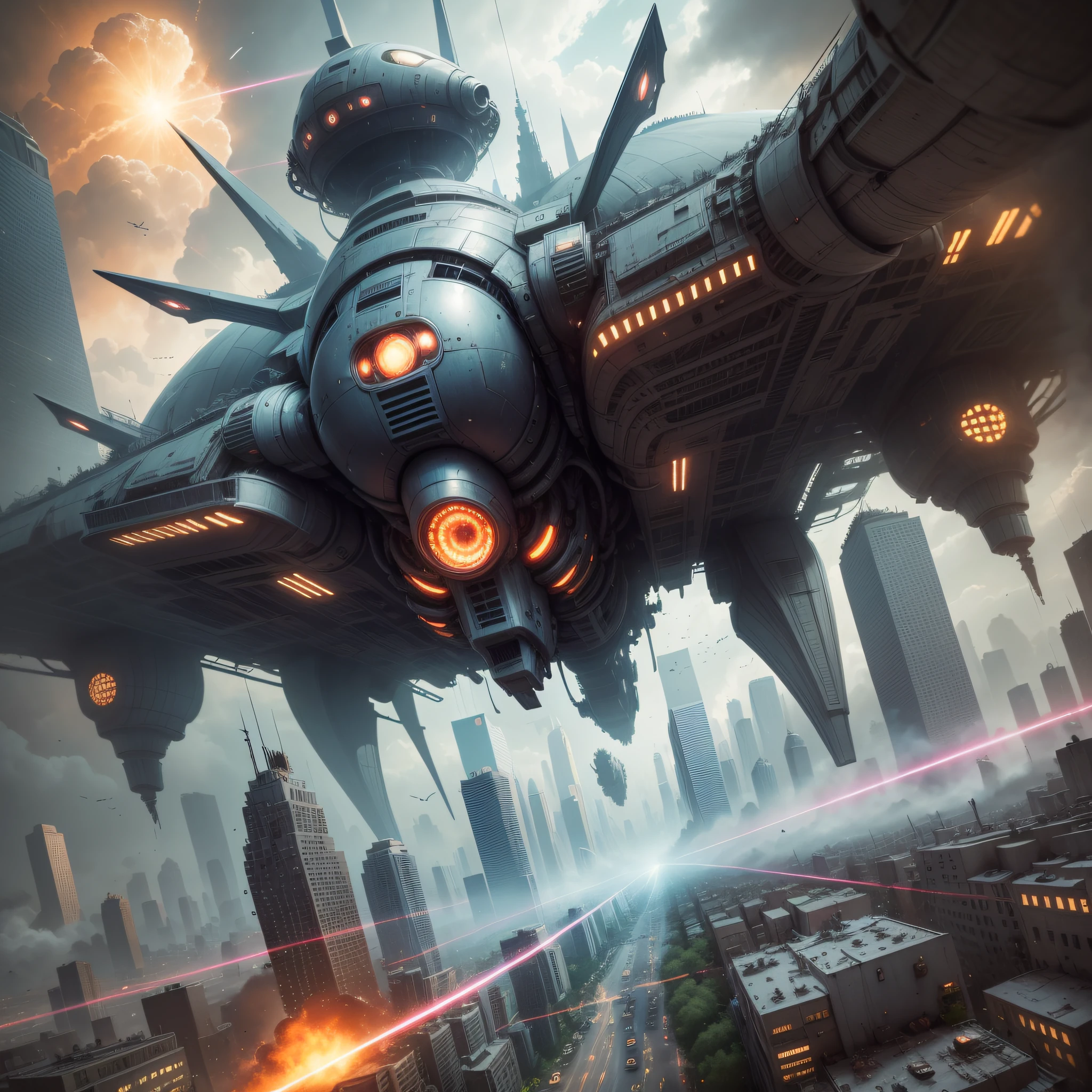 Masterpieces, Best quality, Beutiful art splash, clasic, half-body, super detail costum, attack, atmosfer, alien Starship attack city, laser, kaboom, soft color, focusing on people, depth of field, ray trace, isometric, octane, Hyperrealistic, 8K resolution