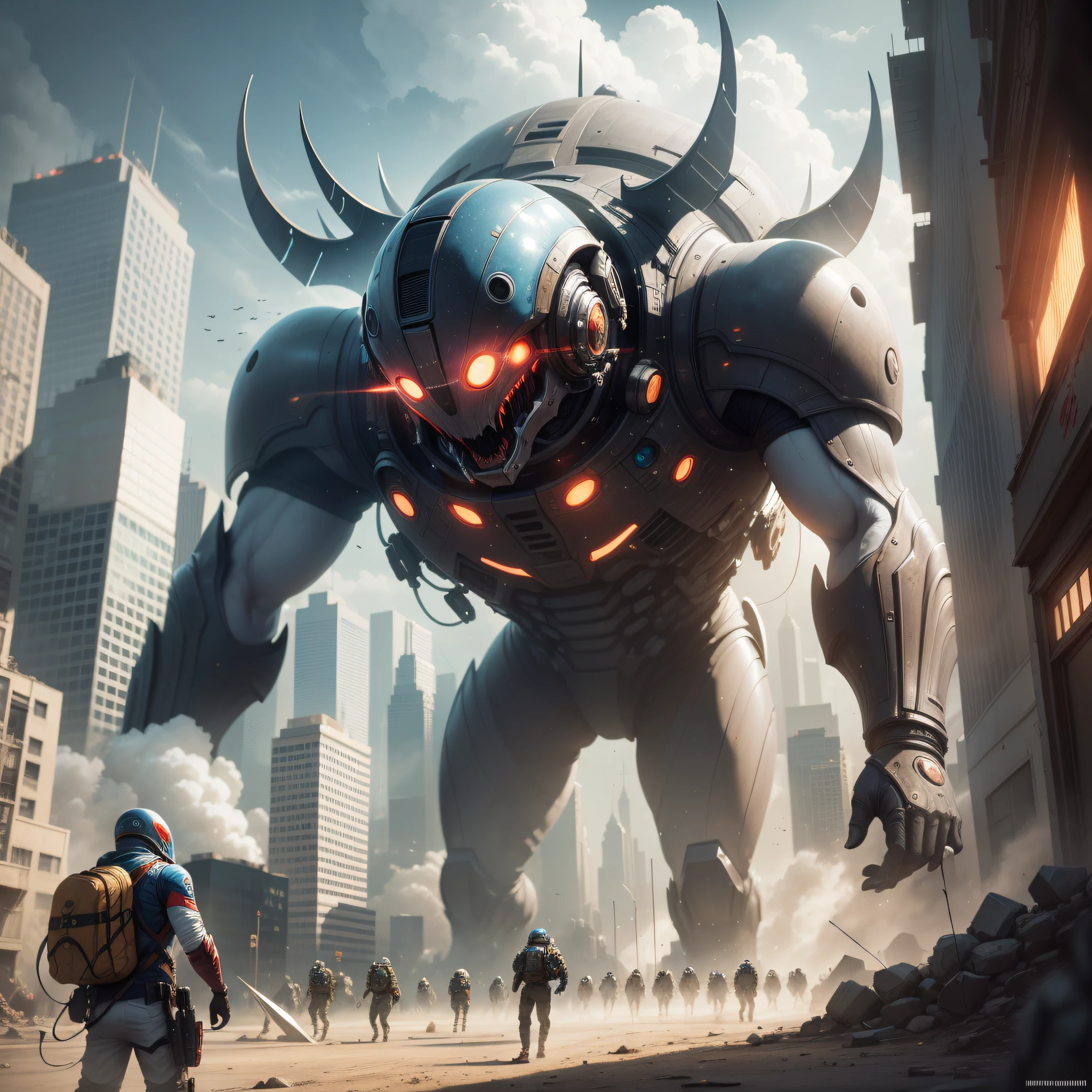 Masterpieces, Best quality, Beutiful art splash, clasic, half-body, super detail costum, attack, atmosfer, alien Starship attack city, laser, kaboom, soft color, focusing on people, depth of field, ray trace, isometric, octane, Hyperrealistic, 8K resolution
