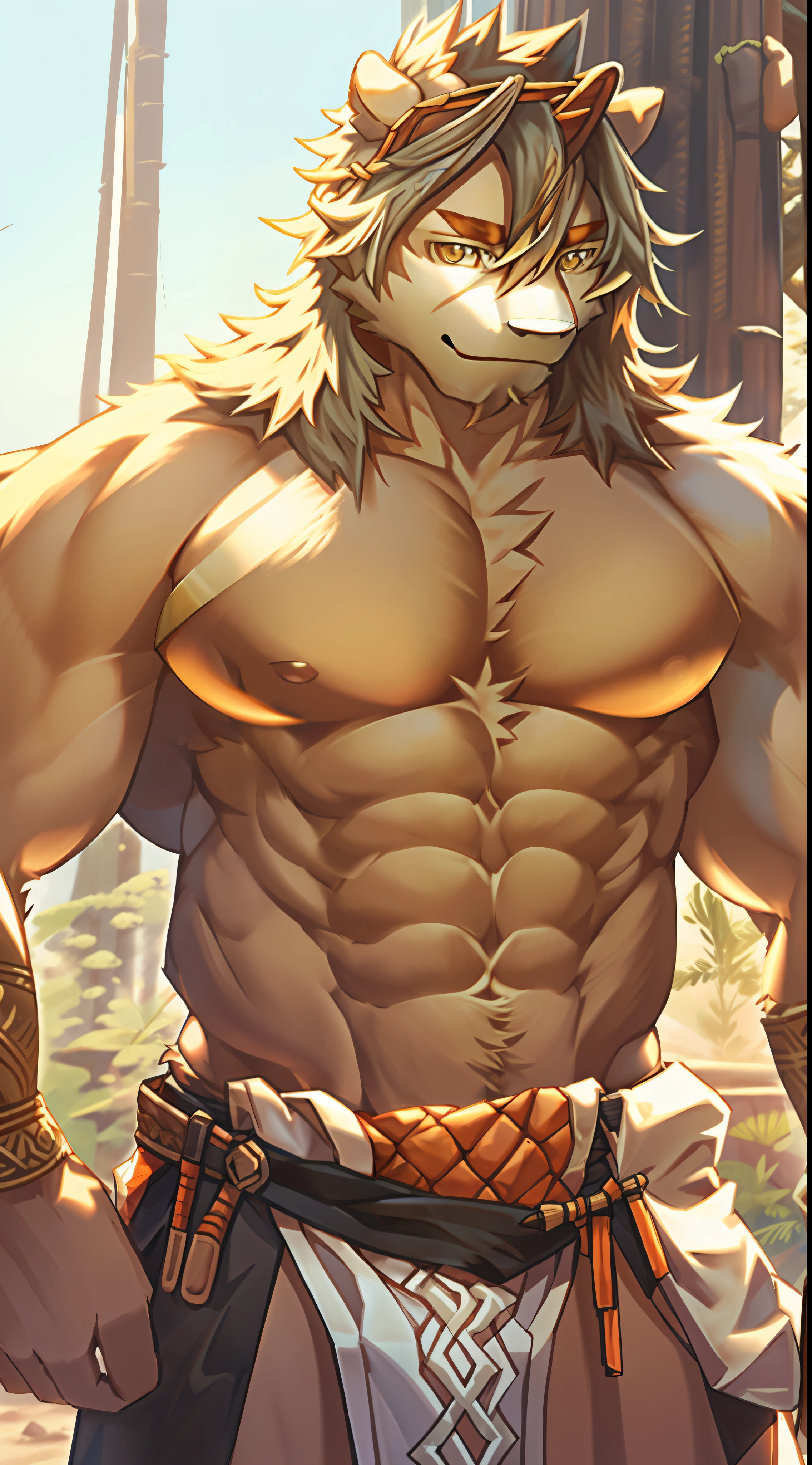 Males are hairy，Strong body，The lower body is only wearing a loincloth，Strong pectoral muscles