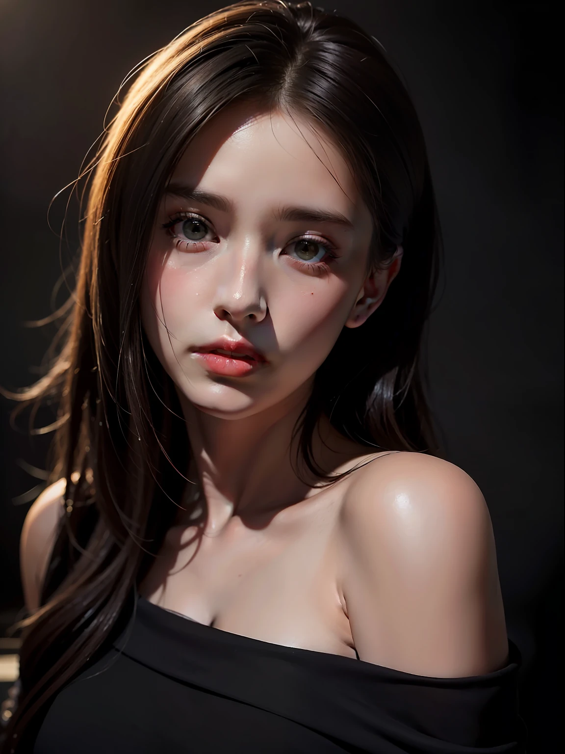Best quality, masterpiece, ultra high res, (photorealistic:1.4), raw photo, 1girl, offshoulder, in the dark, deep shadow, low key, cold light