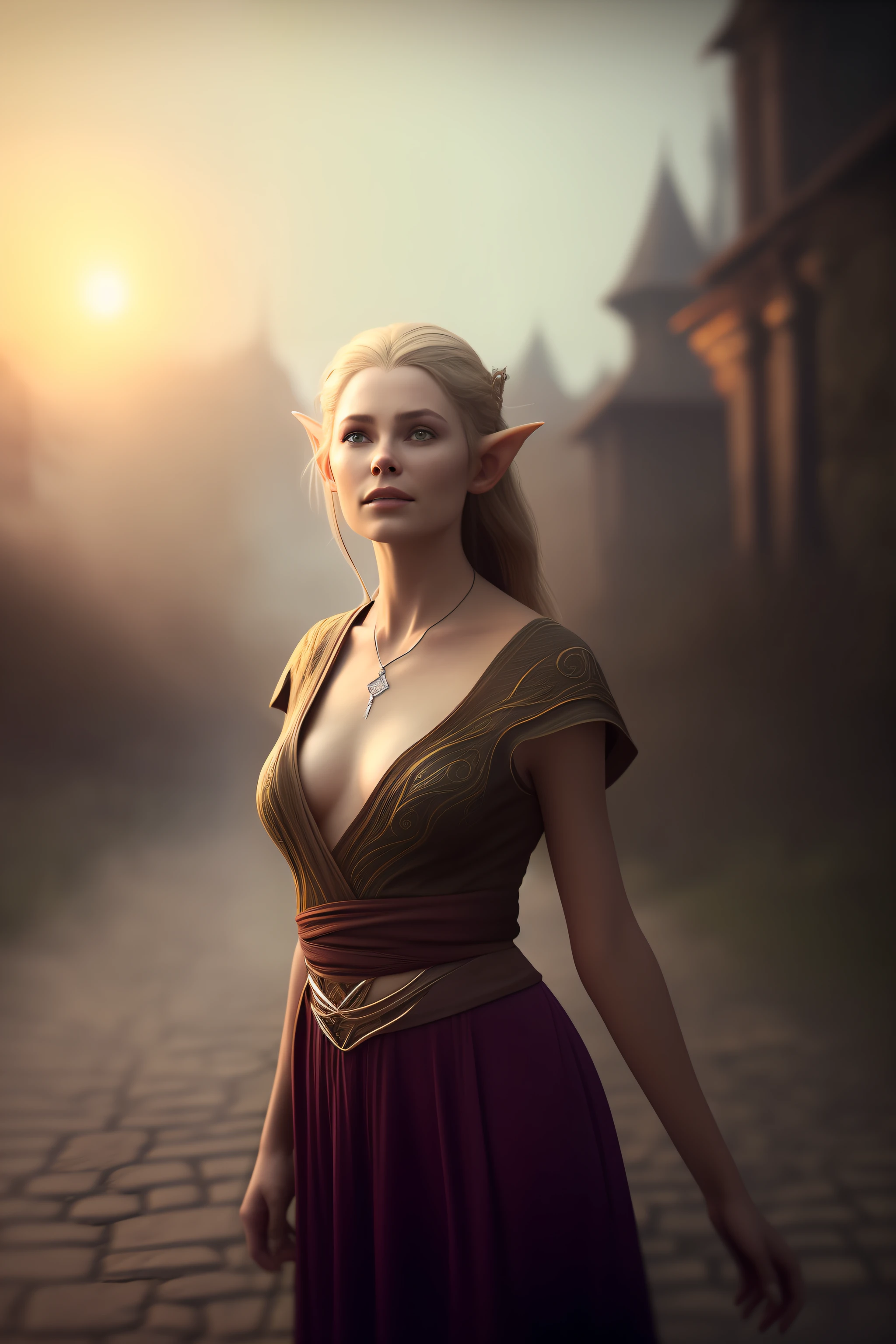 abstract colors, texture, film grain, skin pores:0.1 hasselblad dslr RAW photo, waist-high portrait, Intricate dramatic portrait of a beautiful female elven wizard, pronouncing a spell, full face, breasts, cleavage, unbuttoned clothes, soft medium breasts, naked collarbones, naked belly, cute face, fire in her hands, fireball, magic, passion, Sexy, standing on medieval fantasy city (cobblestone street)1.2, foggy morning, shannara chronicles lotr gandalf Arwen hobbit willow concept art anna dittmann magali villeneuve marc simonetti, cinematic movie still frame, (analog style)1.3 (film grain)1.3