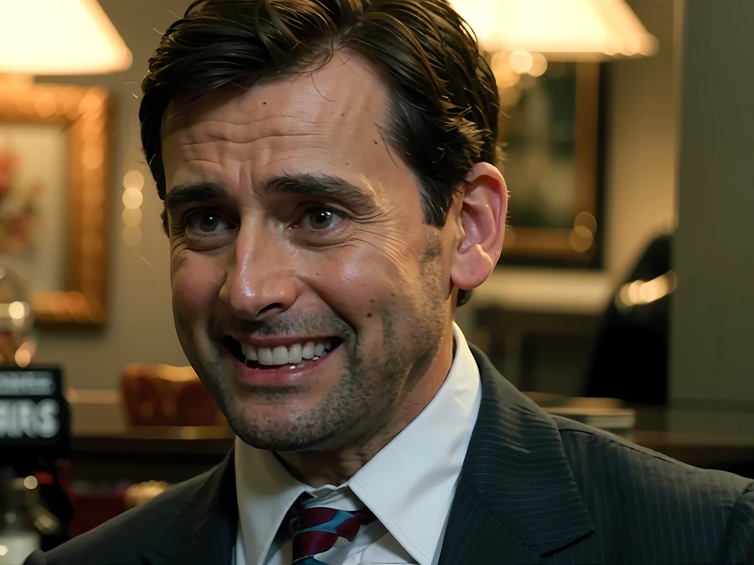 there is a man in a suit and tie smiling for the camera, michael scott, adrian monk, steve carell, from the office ( 2 0 0 5 ), the office, smug facial expression, film still from the office, choke smirk smile grin, sweaty face, closeup!!, cleary see face, self - satisfied smirk, cynical face, smug grin