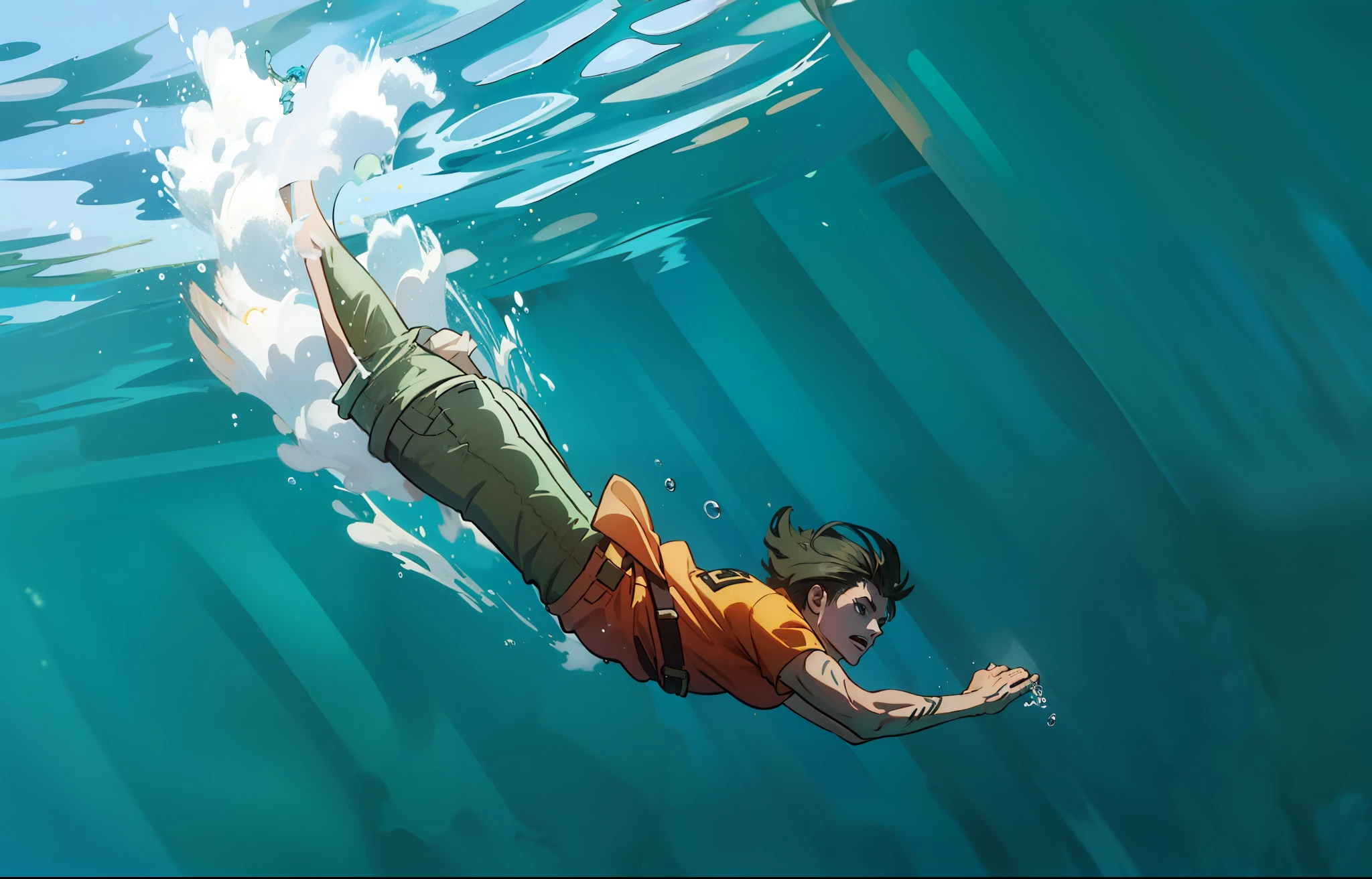 4k, realista, muito detalhado. Adolescente masculino de cabelo escuro, rosto detalhado, olhos verdes,camiseta laranja e bermuda jeans, He's diving into the ocean