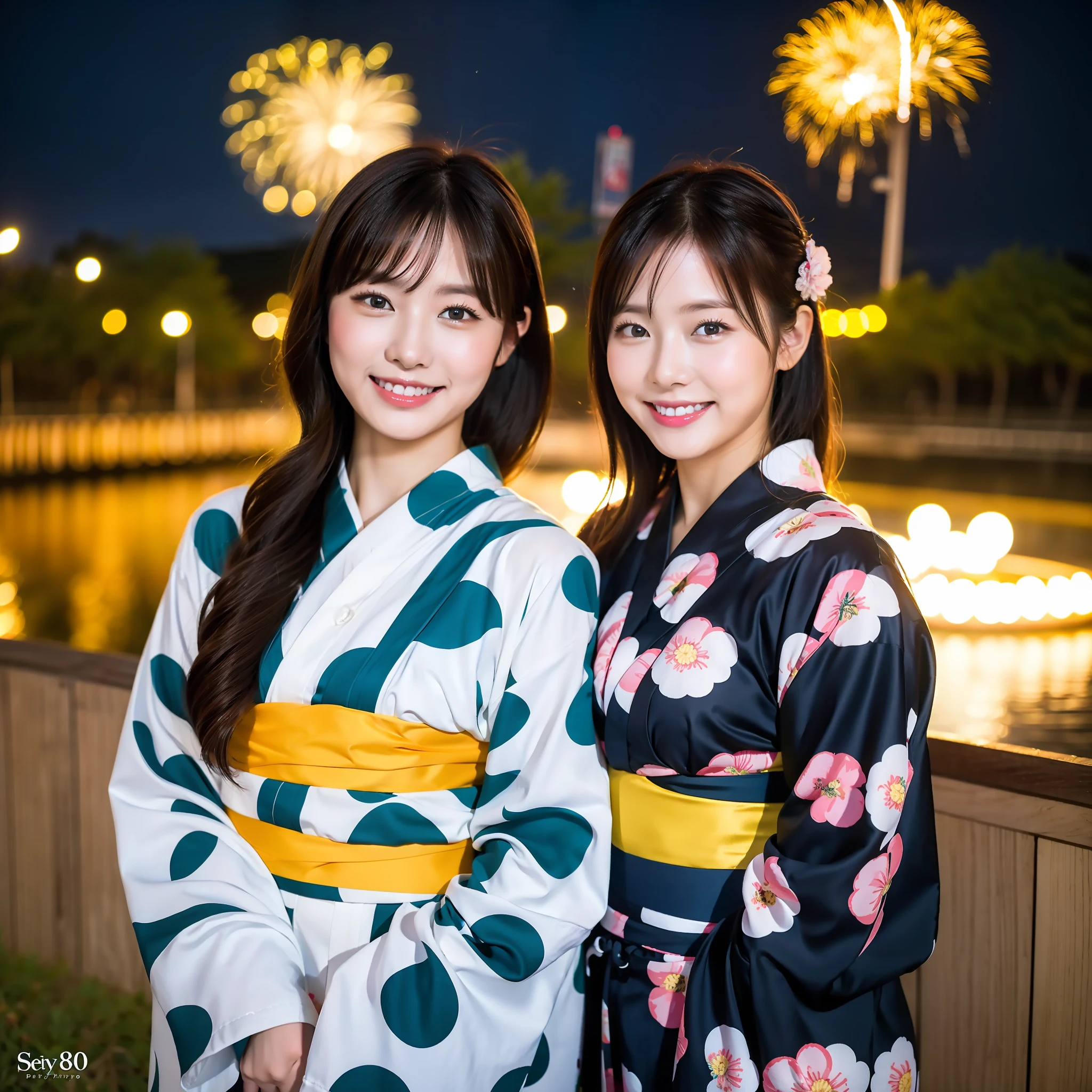 ((Best Masterpiece)), ((High Quality)), ((Real)), ((8k)) Yukata, Fireworks Display, Japan people, 20 years old, 2 Beauties, Slender, Sony SLR Photography, 1 Long Hair, 1 Bob Hair, Looking at camera, stall, Apple candy, Smile, Night