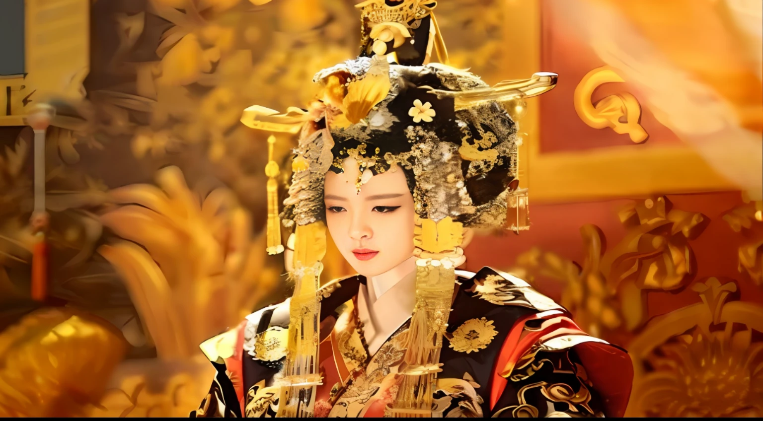 a close up of a woman wearing a black and gold costume, a beautiful fantasy empress, chinese empress, Beautiful rendering of the Tang Dynasty, ancient chinese princess, ((a beautiful fantasy empress)), tang dynasty, ancient asian dynasty princess, ancient chinese beauties, intricate gold headdress, Chinese princess, ancient chinese goddess, wearing ancient chinese clothes, dressed as emperor, traditional chinese
