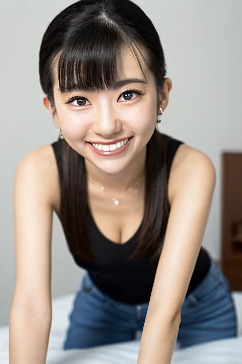 Short hair, Black hair, Glasses, Smile, Depth of field, First person view, UHD, Textured skin, Super detail, High quality, Best quality, cleavage, bedroom, bed, Japan Idol, before kiss