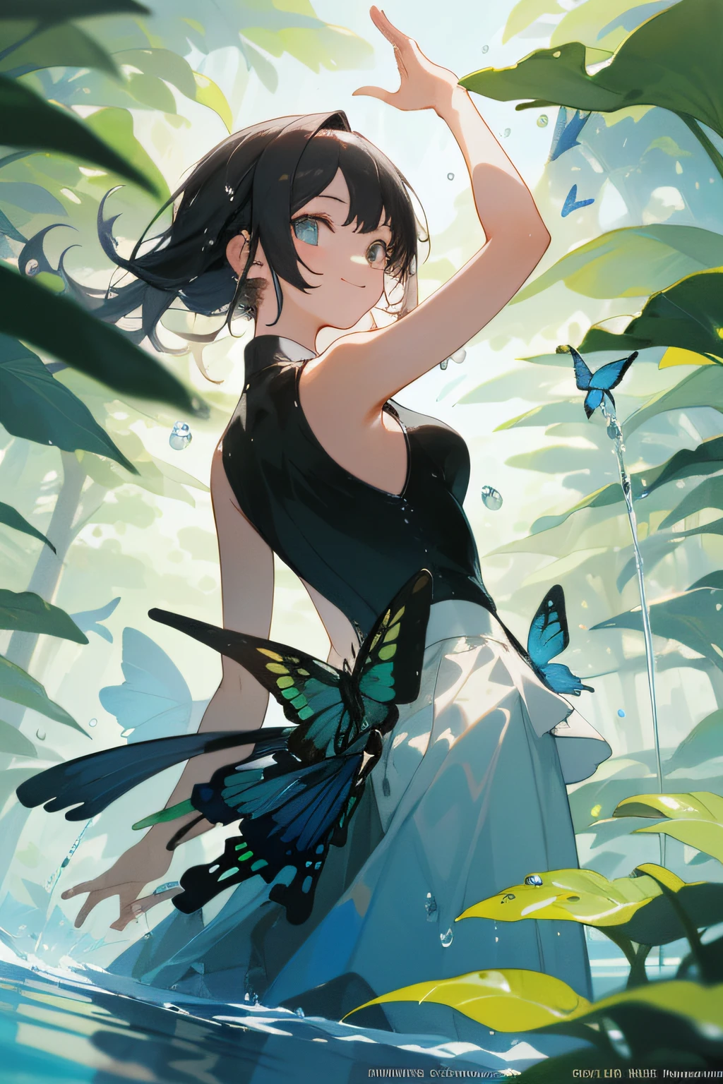 (master masterpiece、bestquality、bestquality、Official Art、Beautiful and aesthetic:1.2),Sleeveless Girl, summer, Water droplets,detailed backgorund、nature、Arm up、smiles、cutest、Mysterious、Mystical background、butterflies、