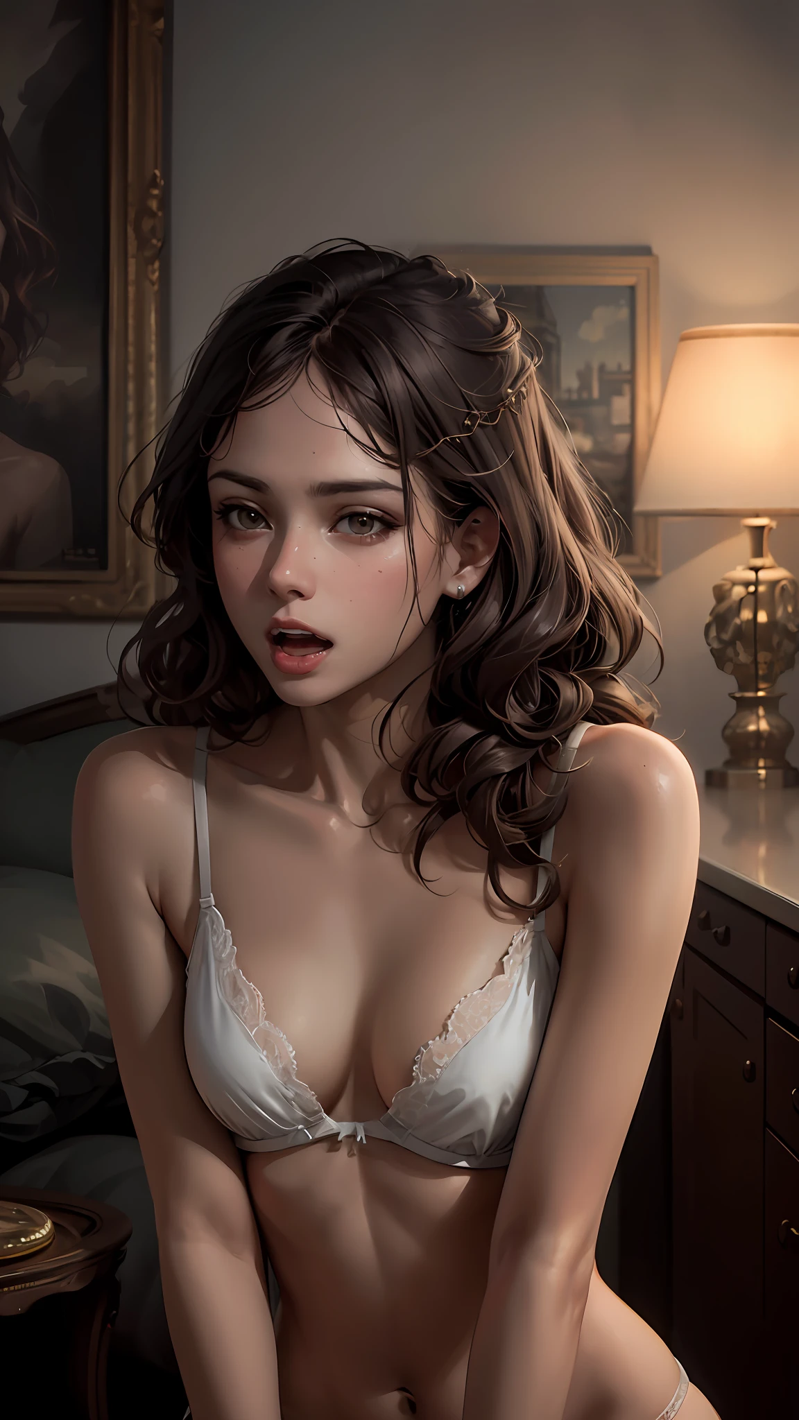Brown hair, Surrealism, 8k, super detail, body, open mouth, raised arms,wavy hair, medium bust, 1 girl, masterpiece, photorealistic,super_detailed, brown bra, push up bra, studio lighting