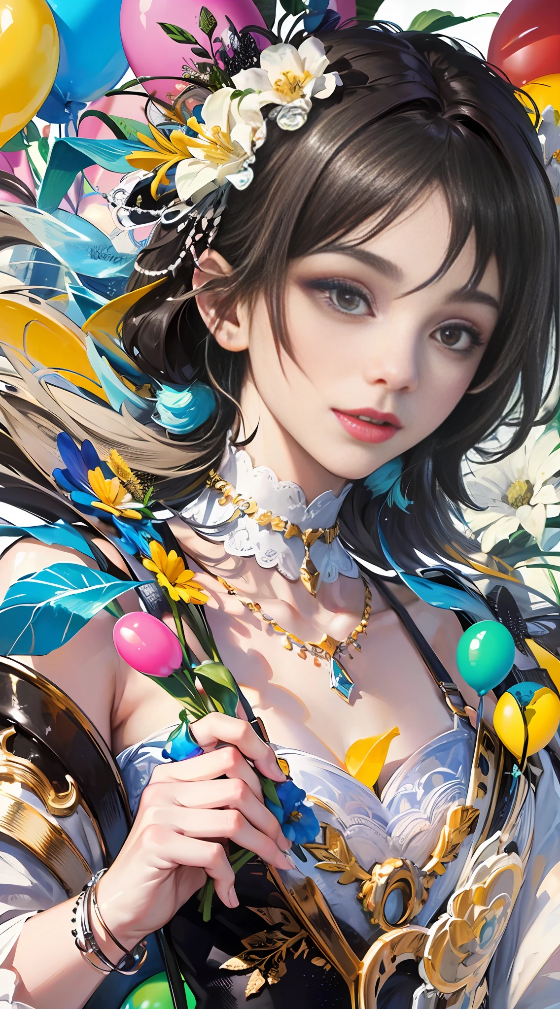 A boy，There are colorful balloons floating in the sky，grassland,dance,Holding flowers，illustration，Color ink，happy，Perfect hands，pleased，Perfect quality，Clear focus（Clutter - home：0.8）， （Masterpieces：1.2） （Realistic：1.2） （bokeh） （best quaity） （Detailed skin：1.3） （Intricate details） （8K） （Detail eyes） （Sharp focus）,（happy） --auto