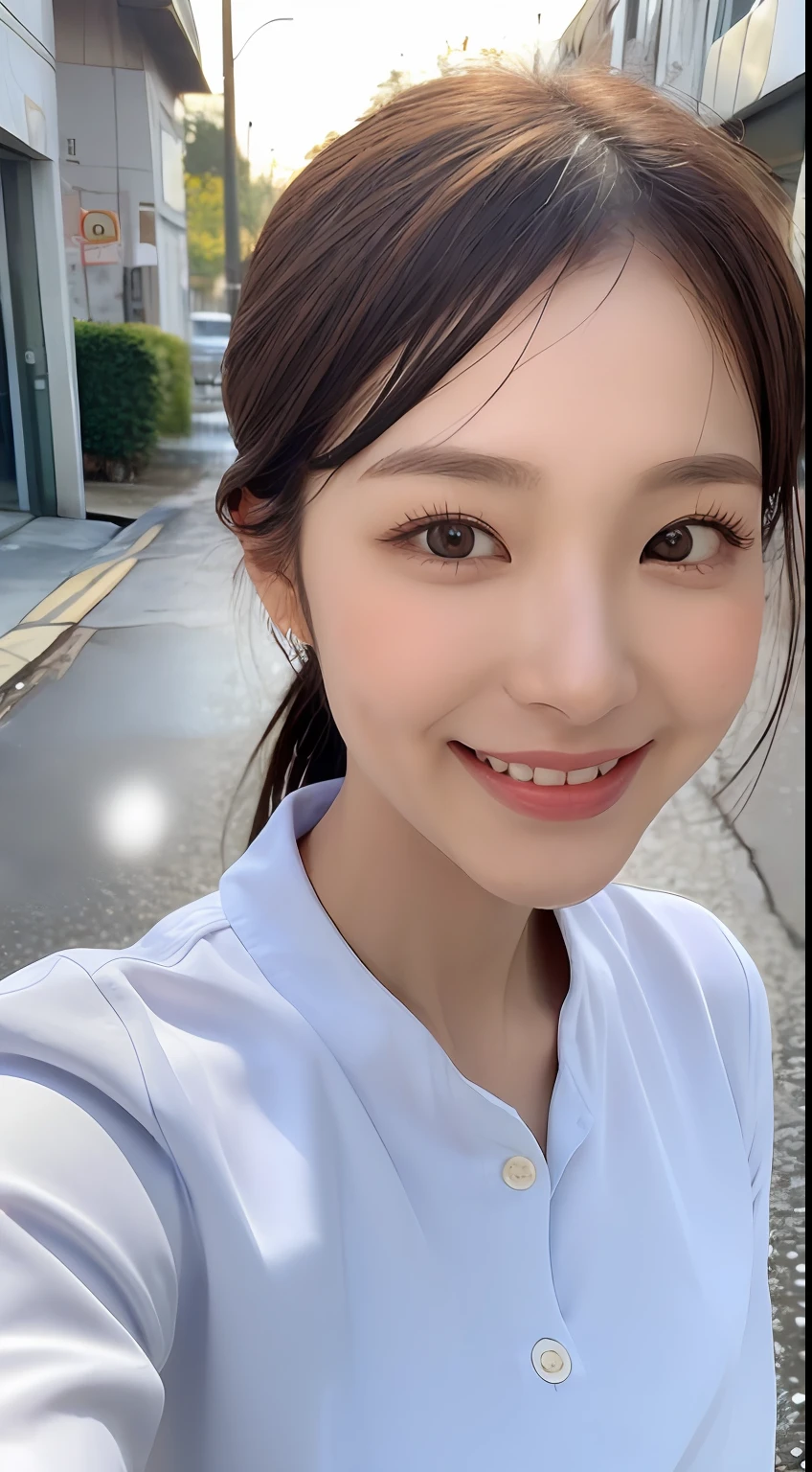 ((Top Quality, 8K, Masterpiece: 1.3)), Sharp Focus: 1.2, Beautiful Women in Perfect Shape: 1.4, Slim Abs: 1.2, (Layered Hairstyles: 1.2)), (Wet White Button Long Shirt: 1.3), Rain: 1.3, Street: 1.2, Wet Body: 1.1, Highly Detailed Face and Skin Texture, Detailed Eyes, Double Eyelids, Big, Smile, Raw Photo