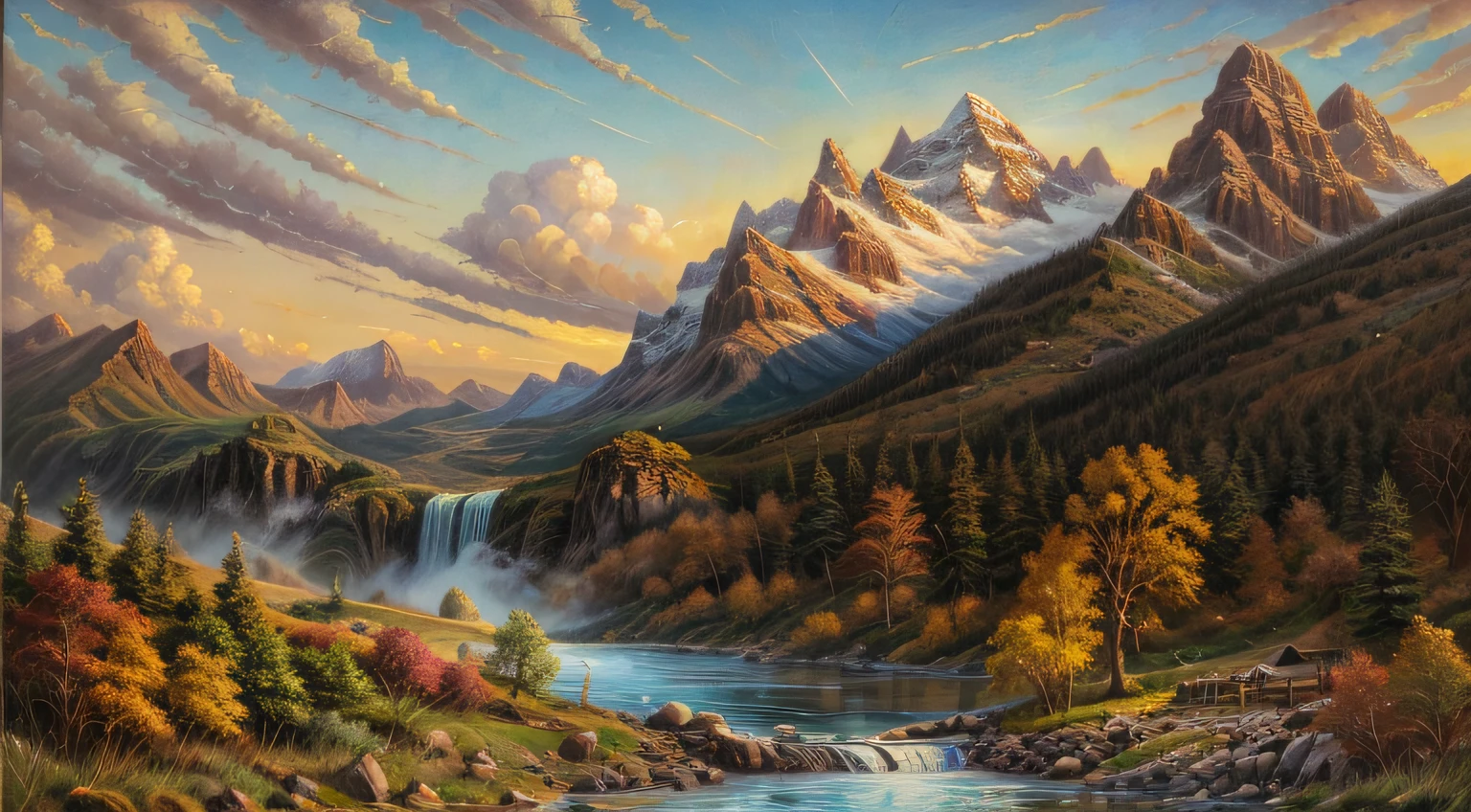 painting of a mountain lake with a waterfall and trees, scenery artwork, detailed painting 4 k, epic surrealism 8k oil painting, mountain sunrise, highly detailed 4 k painting, inspired by Brothers Hildebrandt, inspired by Brothers Hildebrandt, detailed 4 k oil painting, detailed 4 k painting, dan mumford and albert bierstadt, 8 k hd detailed oil painting