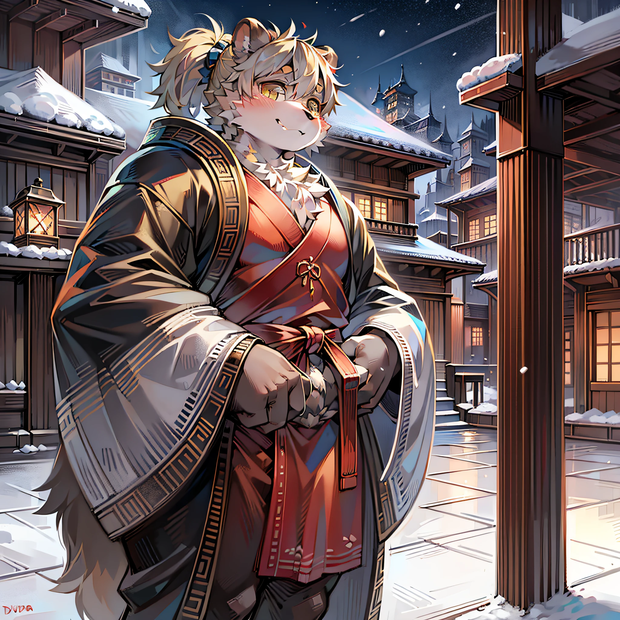 masterpiece, high quality, abstract res, digital painting\(artwork\), by dagasi, yupa, kiyosan, (anthro, fluffy fur, character focus:1.1), anthro male panda, short hair, portrait, night, snow, Bright Eyes, Panorama, Japanese Garden, Pool Side, Outdoor, Character Focus, Solo, Furry, Furry Male, Panda, Obese, Male Focus, Anthr, (Full Body Fur, Fluffy Tail, Short Tail, White Fur, Blonde Eyes, Gray Hair, Single Ponytail), (Carnivorous Bears, Samurai), White Kimono, Standing