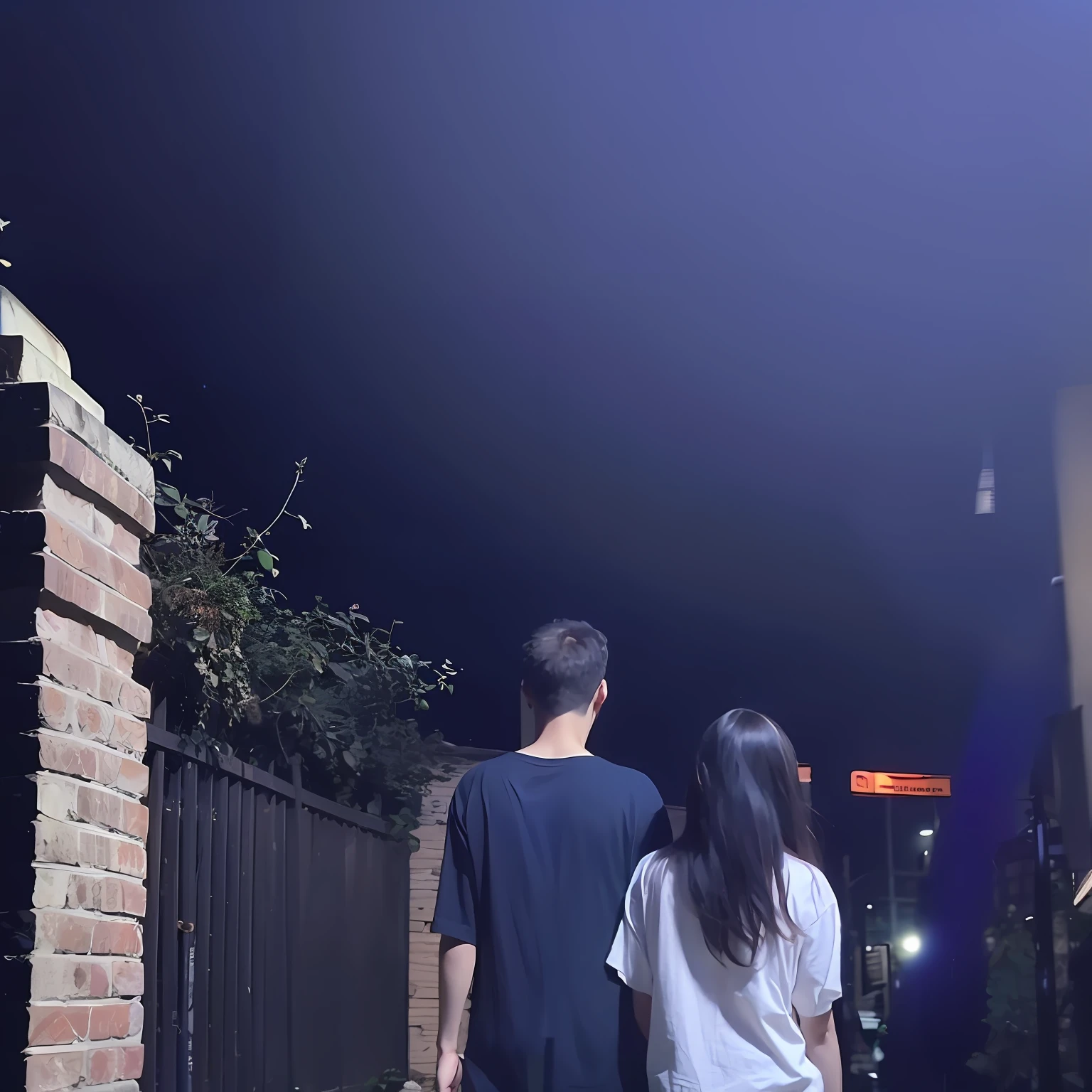 there are two people walking down the street at night, night time footage, calm night. over shoulder shot, low quality footage, 35mm —W 1920 —H 1080, harsh flash photo at night, with blue light dark blue sky, 8K 50mm ISO 10, cinematic low shot, low quality video