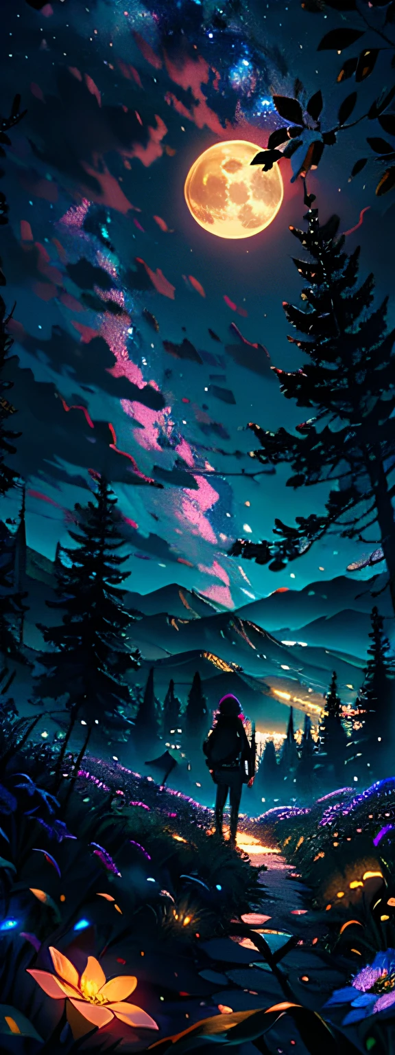 Expansive landscape photograph, (view from below with a view of the sky and the wilderness below), little girl standing in a flower field looking up, (full moon: 1.2), (shooting star: 0.9), (nebula: 1.3), distant mountain, tree break production art, (warm light source: 1.2), (firefly: 1.2), lamp, purple and orange, intricate detail, volume lighting BREAK (masterpiece: 1.2), (highest quality ), 4k, ultra-detailed, (dynamic configuration: 1.4), highly detailed and colorful details (iridescent: 1.2), (sparkling lighting, atmospheric lighting), dreamy, magical, (solo: 1.2)