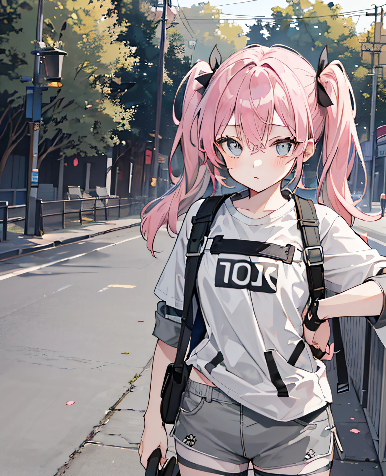 (Top Quality, Masterpiece), ((((1 girl))))), (Female-centered), ((Twin Tails)), (Pink hair)))(((Parker)), Standing, White Background, ((((Gray Shorts))))), (((Beautiful Eyes))