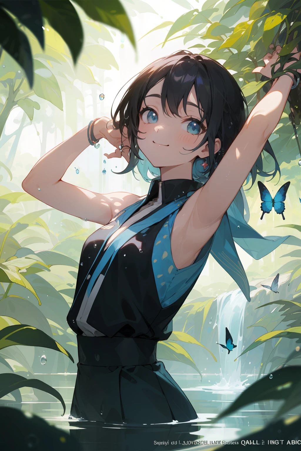 (master masterpiece、bestquality、bestquality、Official Art、Beautiful and aesthetic:1.2),Sleeveless Girl, summer, Water droplets,detailed backgorund、nature、Arm up、smiles、cutest、Mysterious、Mystical background、butterflies、