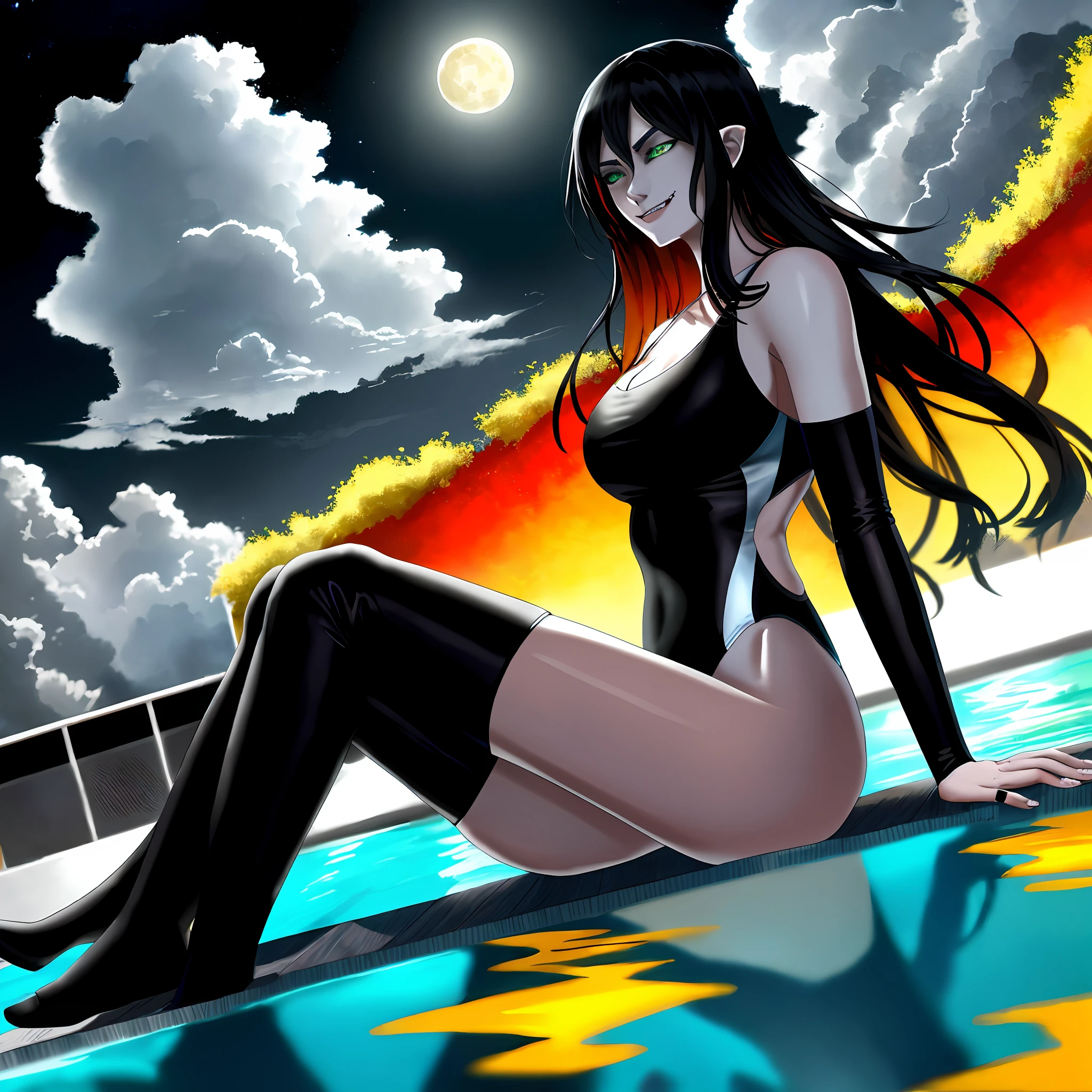 vampire, (Masterpiece 1.5, intense details), female,(Masterpiece 1.5, intense details), beautiful, black bathing suit, busty, long black hair, intense green eyes, sitting near a pool of red blood,(Masterpiece 1.5, intense details) black hair, long hair, floating hair, cloud hair, half-closed eyes, evil smile, fangs, high detail, Conceptual art, Realism, cinematic lighting, moon light, reflection light, from side, panorama, Ultra-Wide Angle, Wide-Angle, award winning, best quality, high quality, high details, highres, 4K