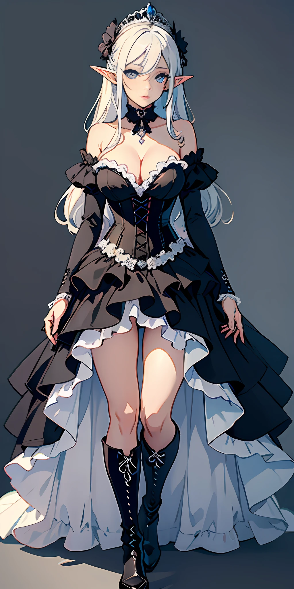 [Black:Blue:0.65] motif，Masterpieces，A masterpiece of a mature woman，Detailed visual art，Blue eyes，Makeup silver long hair，Elf ears，clavicle，Royal Queen，Elegance，Gorgeous quinceanera corset，Detailed layered skirt，[Detailed frills:0.1], [Frilled dress:0.1], embroidery, [Detail princess dress:0.1], Bare shoulders, Big tits:1.3, Open crotch, Thigh seams, groin, Long boots，[NSFW|uncensored], (Simple background:1.1) , Low wing,Whole full body