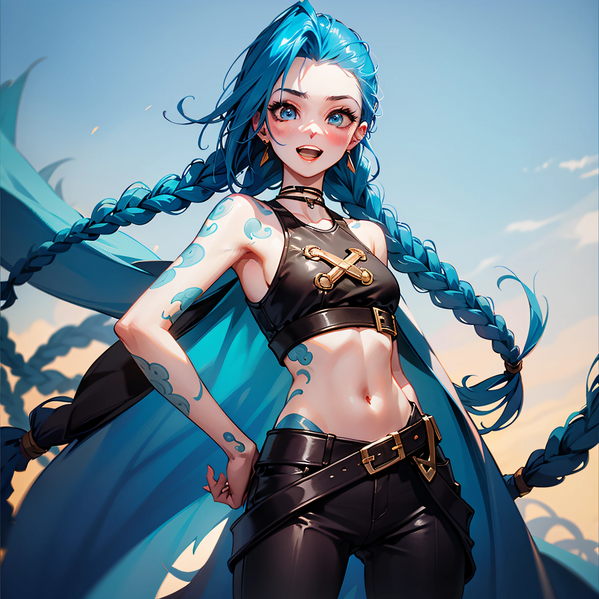 jinx \(league of legends\), 1girl,Pixar style, solo, braid, twin braids, long hair, Surprised Eyes,tattoo, piercing, belt, jewelry, earrings, (Eyes wide open:0.9),looking at viewer, arm tattoo, (Background of medieval castles:1.1), blue hair, blush, smile, v arms, choker, crop top, small breasts, green hair, shoulder tattoo, teeth, open mouth, alternate costume, midriff, pants, blue eyes,