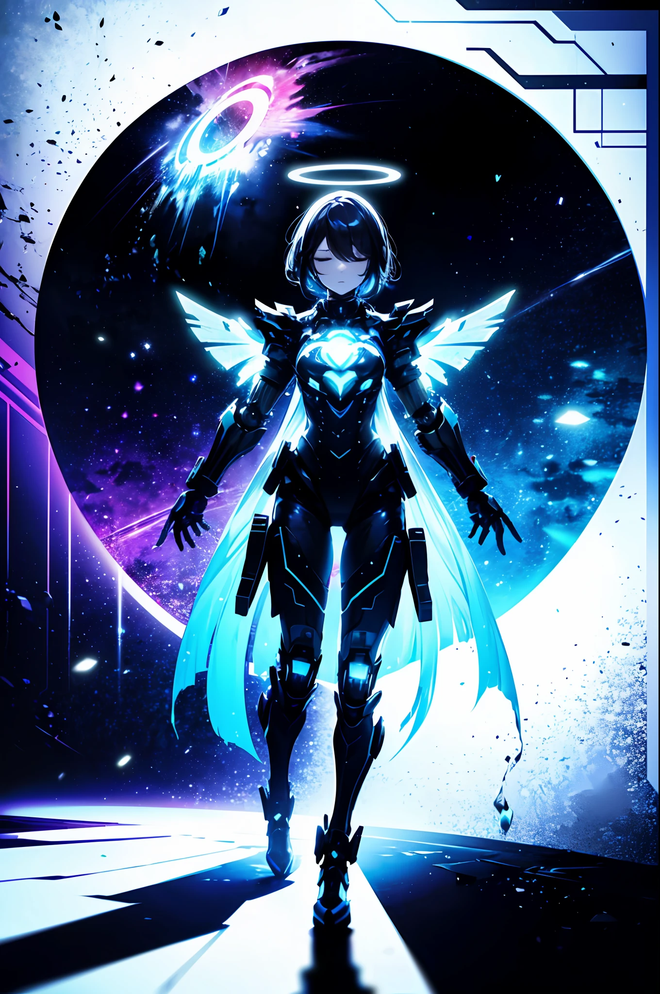 bestquality、master masterpiece、absurdres、Highly detailed 8K wallpapers、BREAK、(High Contrast RGB Rainbow Color Mechanical Wing)、BREAK、(High Contrast RGB Effects、LED Effects、Kaleidoscope effect、Shining Effect、Glitter RGB effect)、(Ripple Effect:1.2)、BREAK,Beautiful Mechanical Girl, (Perfect 5 fingers), (Close your eyes:1.1), BREAK, (mechanical joint, Mechanical limbs and fingers, Exoskeleton spine and coccyx:1.2), (Mechanical halo), full body, Fantastic starry sky, (symmetry), outstretched_arms,