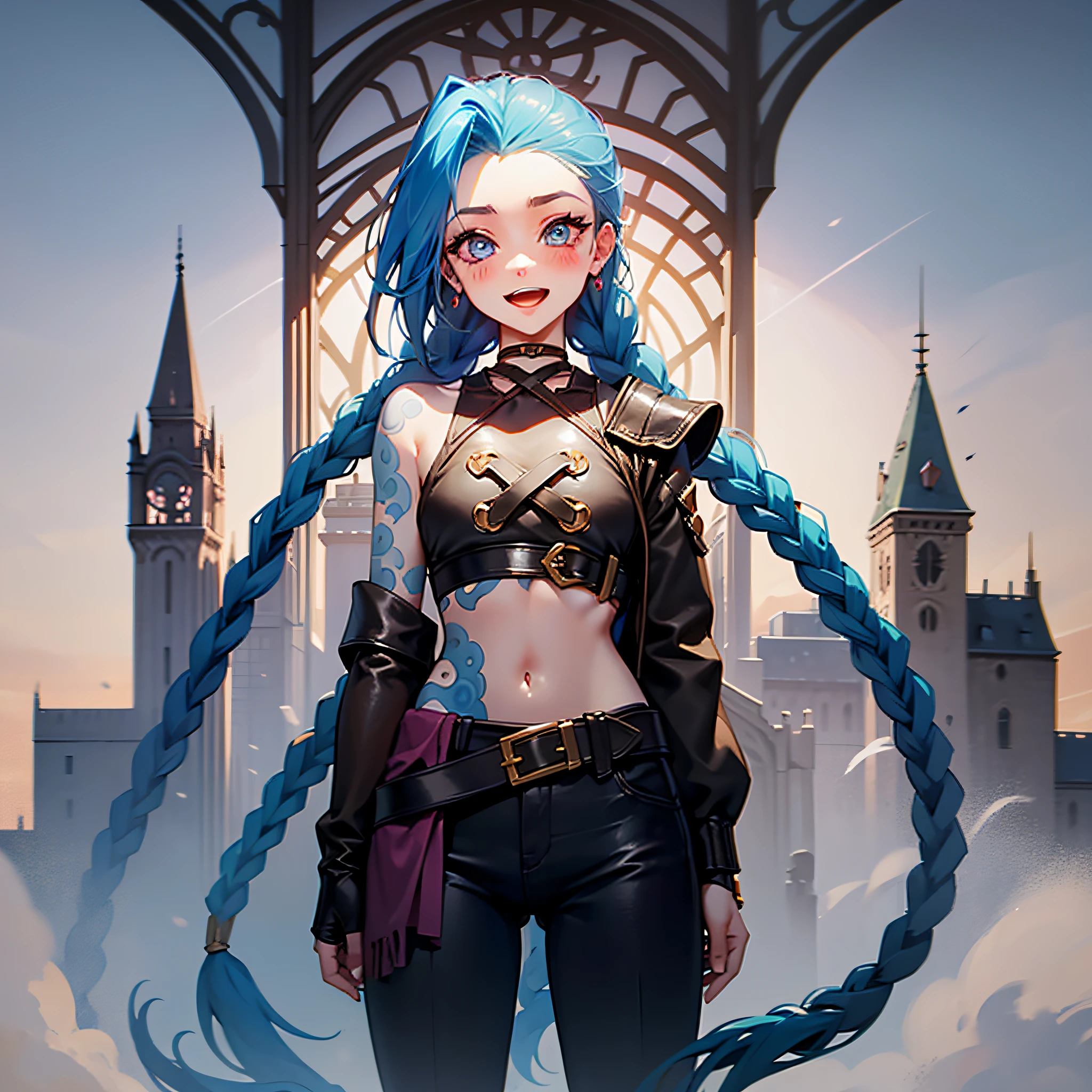 jinx \(league of legends\), 1girl,Pixar style, solo, braid, twin braids, long hair, Surprised Eyes,tattoo, piercing, belt, jewelry, earrings, (Eyes wide open:0.9),looking at viewer, arm tattoo, (Background of medieval castles:1.1), blue hair, blush, smile, v arms, choker, crop top, small breasts, green hair, shoulder tattoo, teeth, open mouth, alternate costume, midriff, pants, blue eyes,