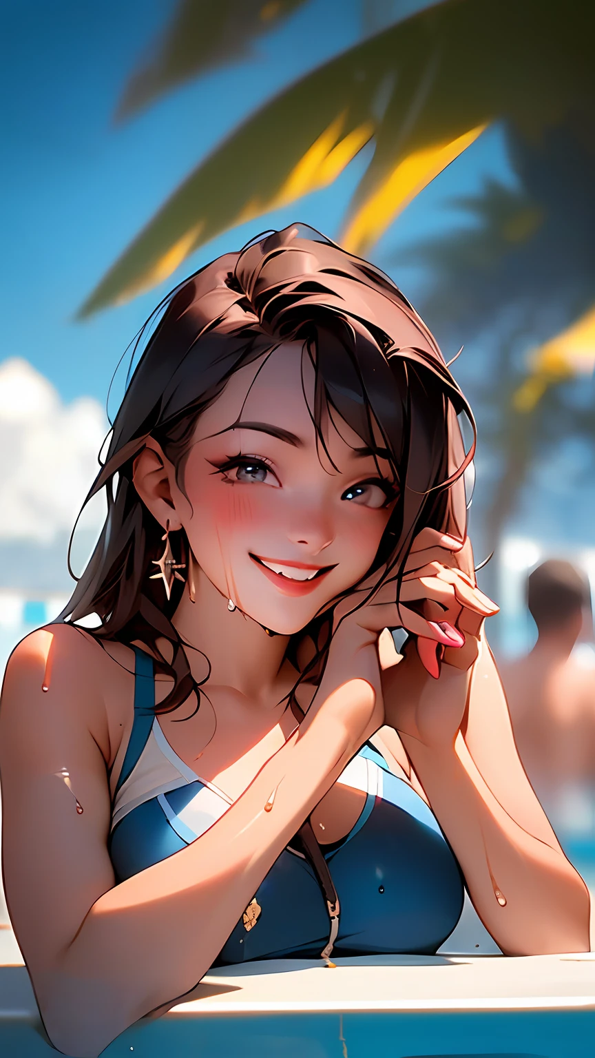((Top quality, 8K, Masterpieces: 1.3)), Distant View, Summer Cloud, Many people, boys and girls, two girls swimming in the pool:1.2, (two boys are cheering), (Pool party:1.6), umbrellas, inflatable swim rings, chair, fruits, beverages, luxurious pool, clear water, underwater swimming, toasting by the poolside, diverse swimwear, Happy smile, Dark brown hair, (pool, Wet body, Wearing Erotic: 1.1), ultra-detailed face, Detailed lips, Detailed eyes, Double eyelids