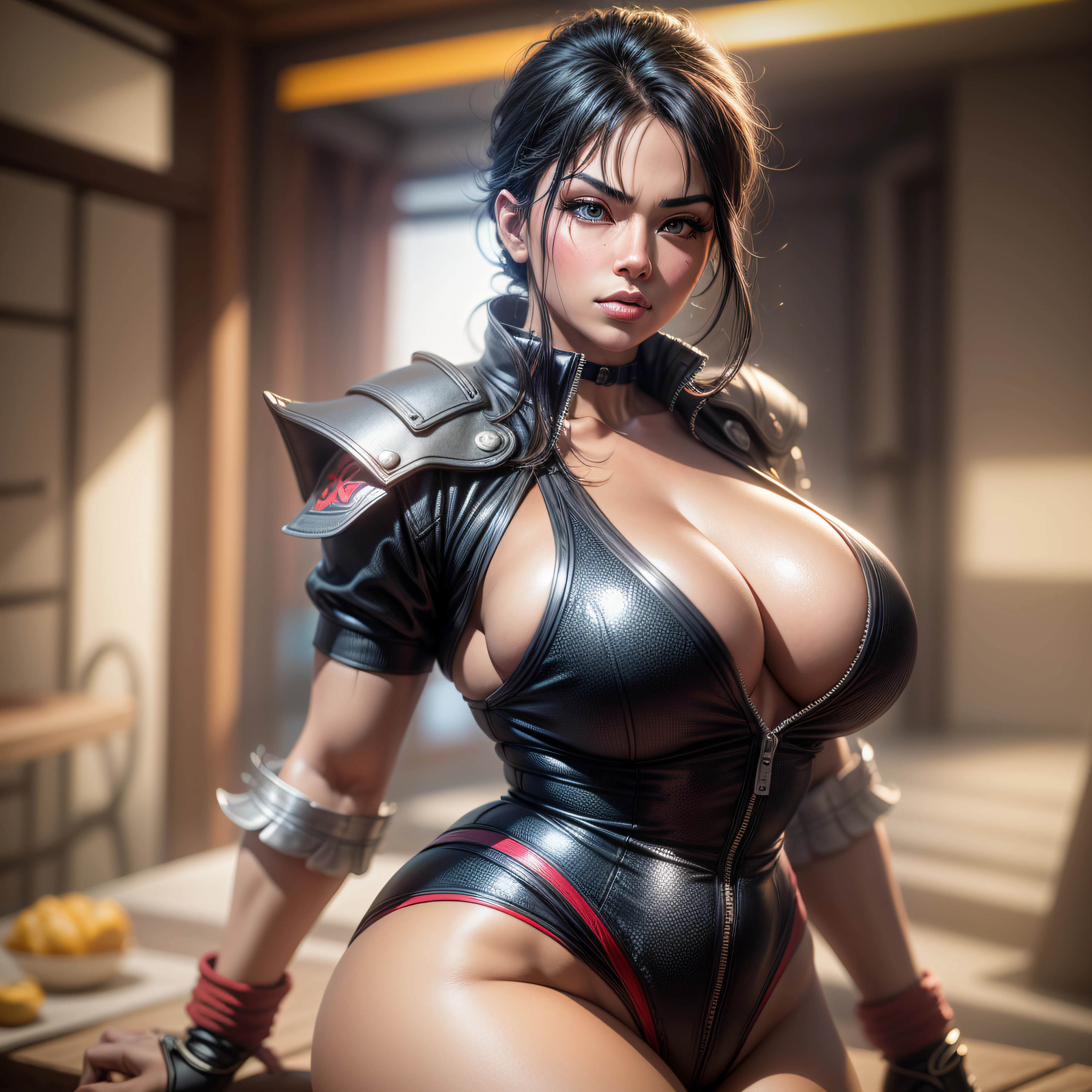 masterpiece, best quality, high quality, high definition, high quality texture, high quality shadow, high detail, realistic, cinematic light, side lighting, lens reflection, ray tracing, sharp focus, An American black woman with fabulous curves, with naturally formed and secure breasts, for a more voluptuous and attractive bust, thick thighs, effecting a shouryuken of ryu from street fighter 2,  3d render in 8k, best quality, masterpiece, nikon, realistic light and shadows, 8k, ray tracing, nvidia, unreal engine 5