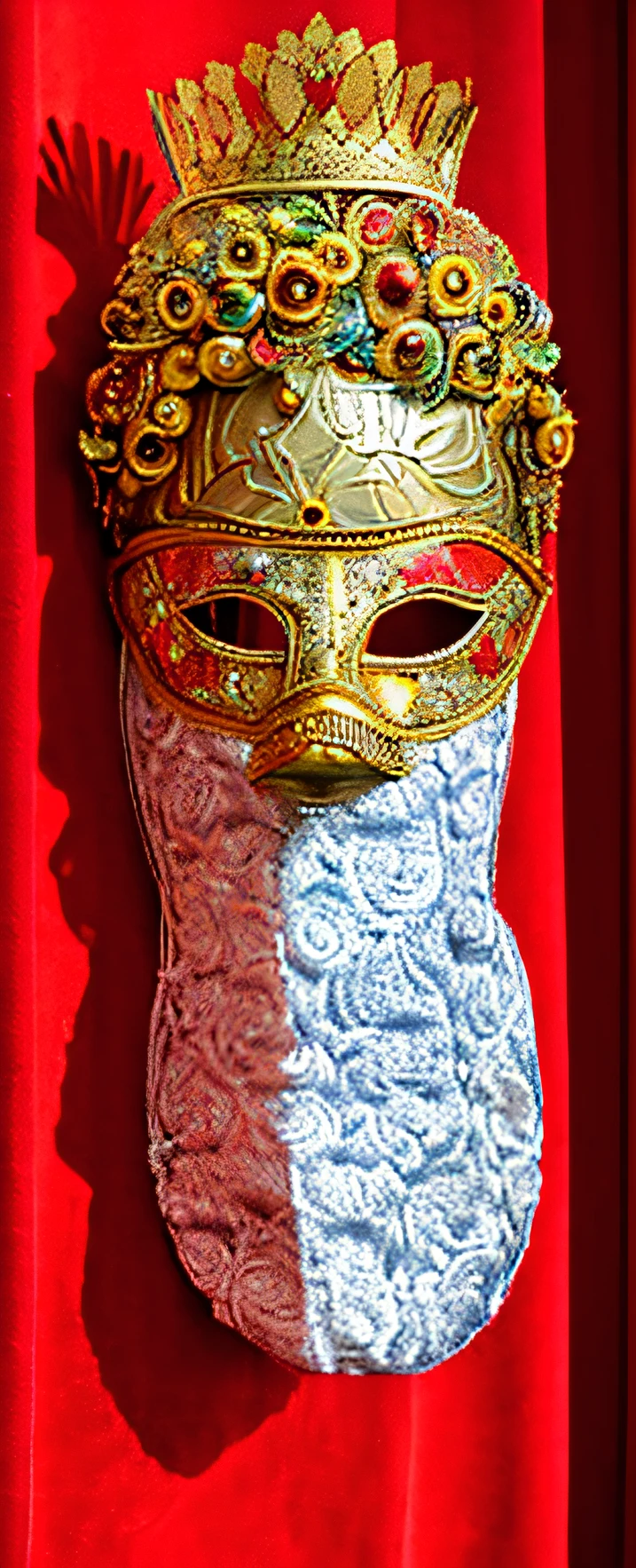 a close up of a mask with a crown on top of it, venetian mask, masked, inspired by Candido Bido, ornate mask and fabrics, masked face, inspired by Hedi Xandt, from commedia dell'arte, carnival mask, masqua, greek mask, theater mask, masquerade mask, ornate mask, finely masked