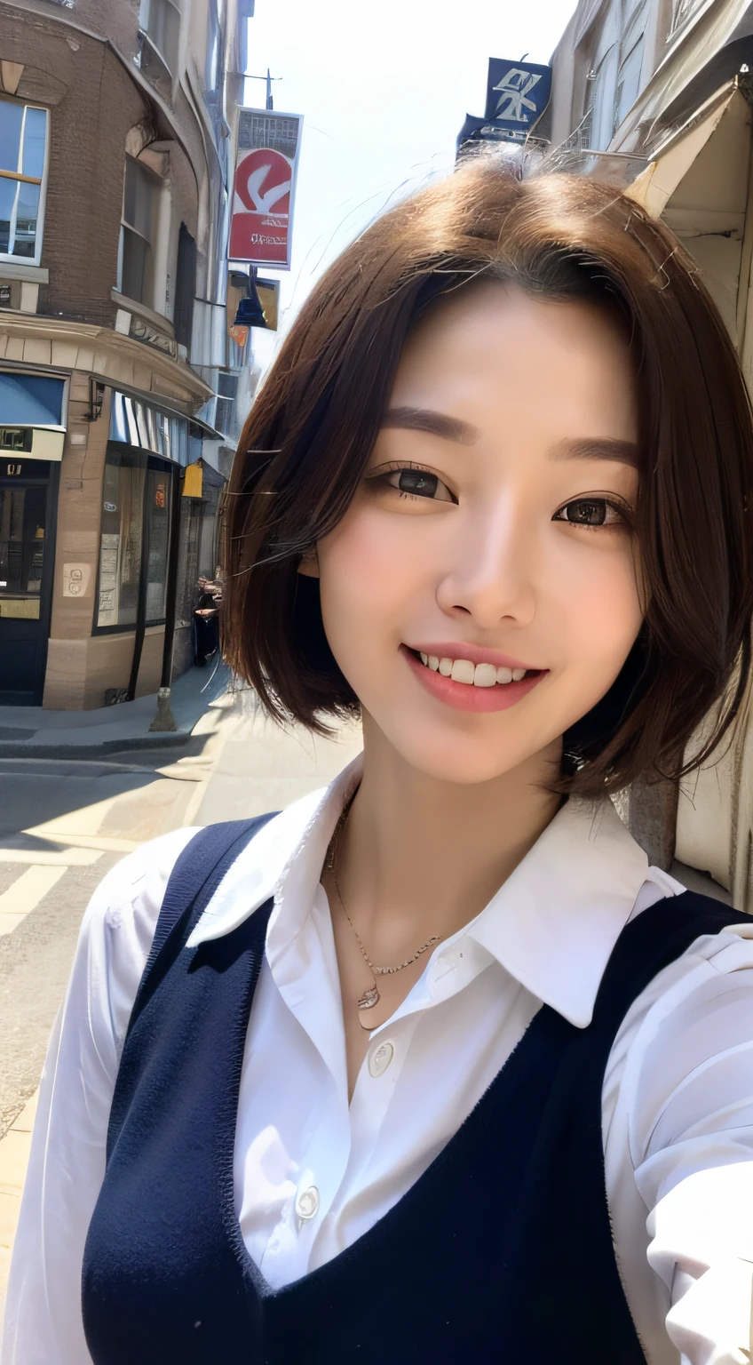 ((natural lighting、bestquality、8K、master masterpiece:1.3))、(real)、hyper-detailed、1 girl、Slim Beauty:1.2、Brown hair、(huge tits:1.2)、(Layer cutting)、((Stylish short hair:1.3))、detailled eyes、double eyelidwork、smiles、(close mouth)、Soft skin、hyper-detailed、Quality、high-res、Cute smile、Beautiful night sky、Beautiful starry sky、Street with fashionable cafes、street corner、night、((Princess))、White collared shirt