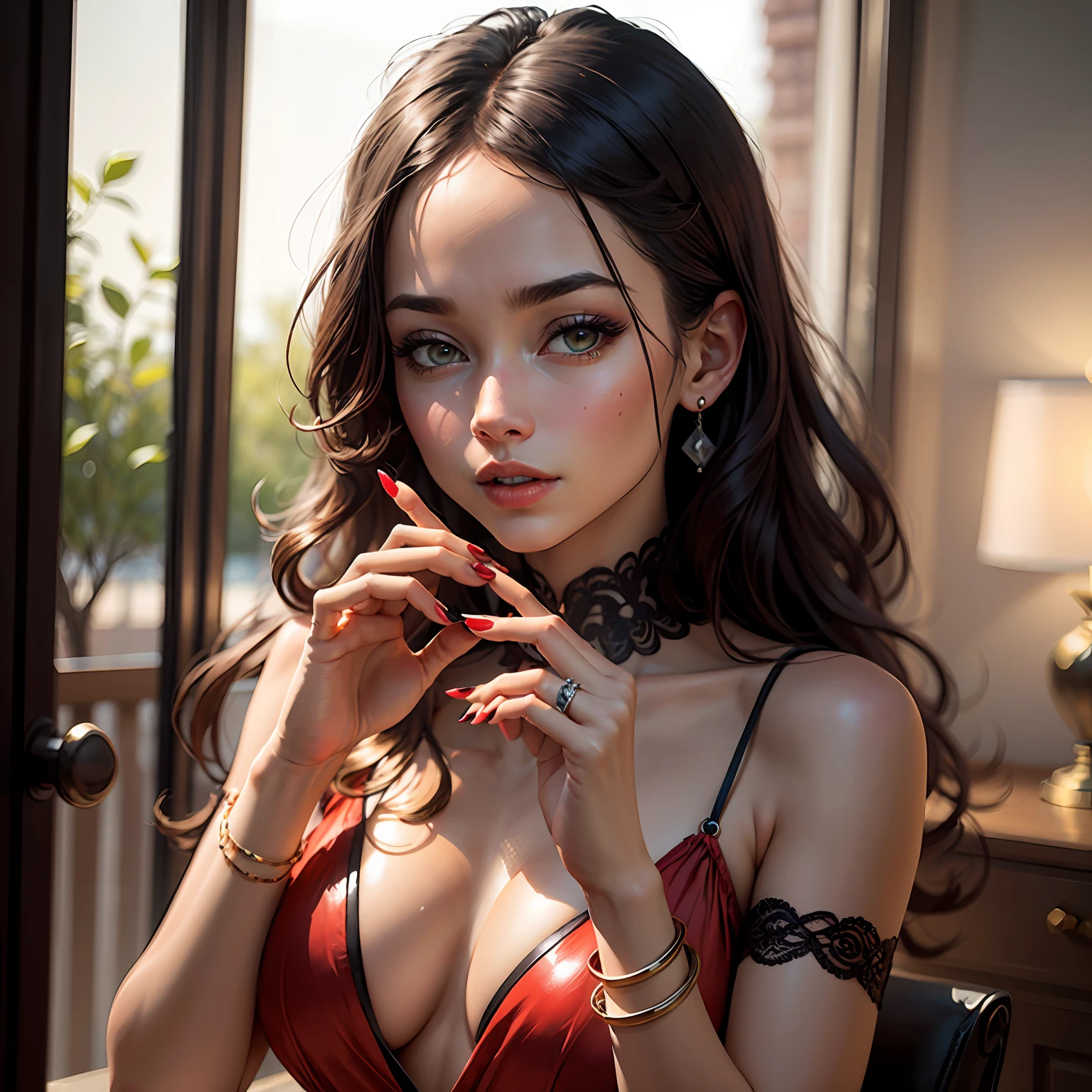 Make a realistic image of female hands highlighted in the image with beautiful nails painted shimmering red having on one of the fingers, a beautiful diamond ring --auto