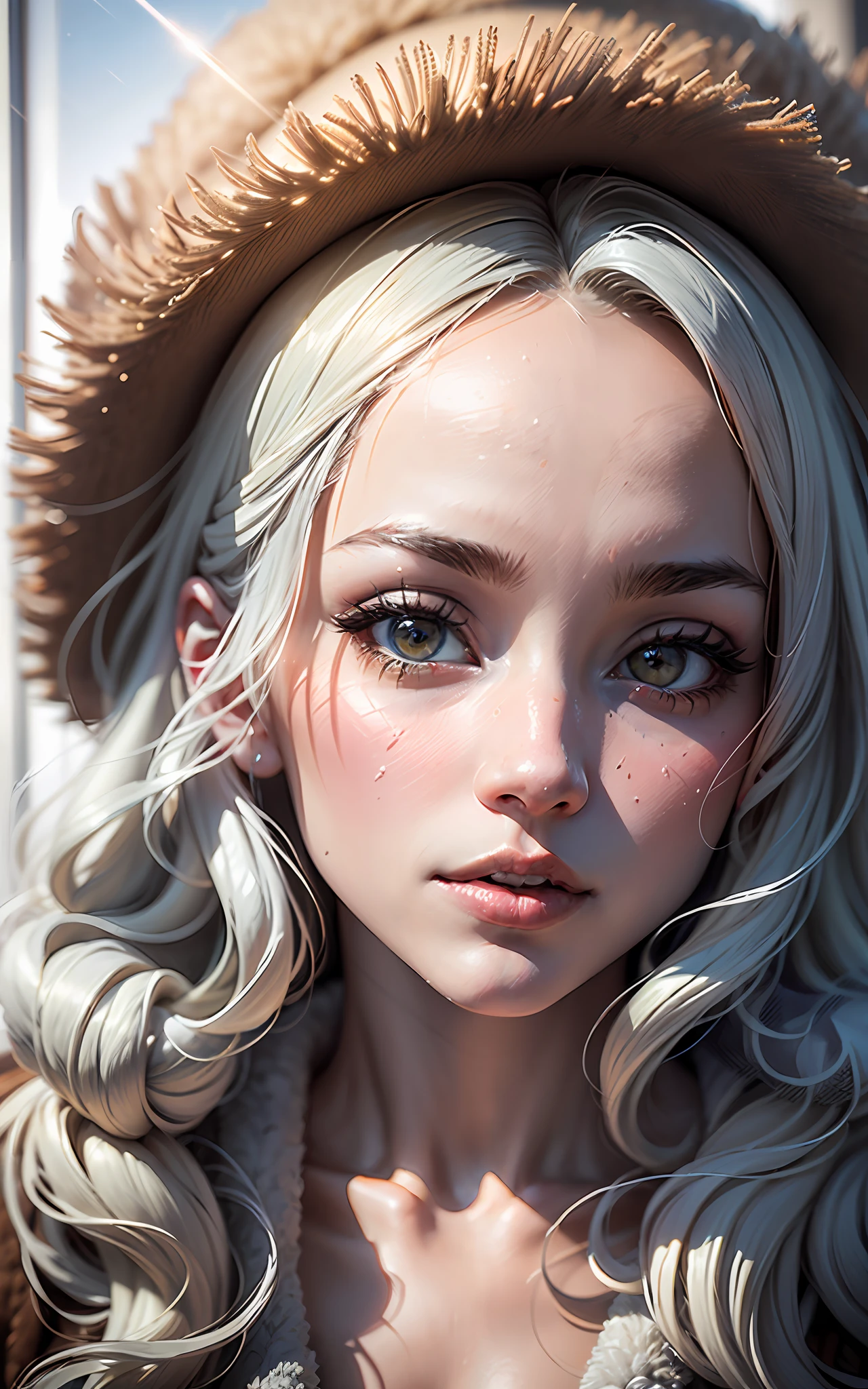 (award winning 64k concept art:1.2) of (young woman:1.2) in fur coat, fur hat, sweet, holding her breath, front, epic, god rays, (portrait:1.2), (masterpiece:1.2), (best quality:1.3), Amazing, highly detailed, beautiful, finely detailed, warm soft color grading, (Depth of field:1.4), extremely detailed 64k, fine art, stunning, (light reflections:1.2), (crisp:1.6), silver short curls, winter, vibrant, sunlit, (edge detection:1.4), absurdres, impressive, 120mm, extremely clear, lens flare, motion lines