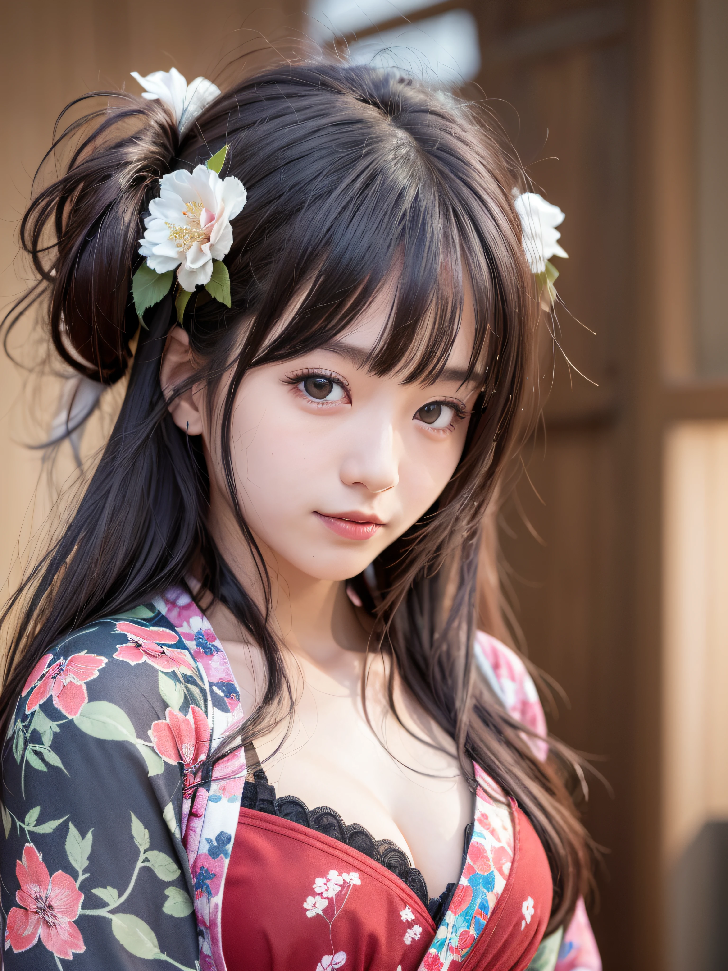 (realistic, photo-realistic:1.37), incredibly absurdres, (insanely detailed:1.3), 8k, (masterpiece), (best quality:1.4), (ultra high res:1.2), (RAW photo:1.2), ultra detailed background, (unity 8k wallpaper), 1 nogizaka girl, utterly cute, (bishojo:1.35), (15yo:1.4), (gothic lolita yukata-kimono), an exquisitely detailed and beautiful face and eyes and skin, detailed black shine hair, small-medium breasts, cleavage, a yukata-kimono with delicate and beautiful and soft fabric, smile at the camera, cowboy shot, maruyama park in kyoto, professional lighting