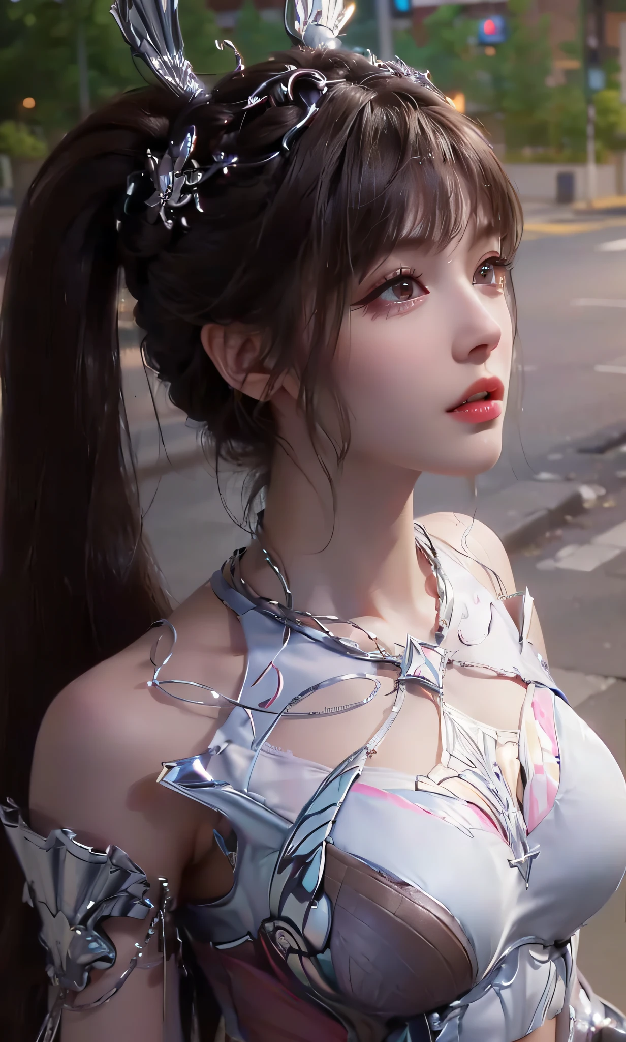 ((Realistic lighting, Best quality, 8K, Masterpiece: 1.3)), Clear focus: 1.2, 1girl, Perfect Figure: 1.4, Slim Abs: 1.1, ((Dark brown hair)), (White crop top: 1.4), (Outdoor, Night: 1.1), City streets, Super fine face, Fine eyes, Double eyelids,