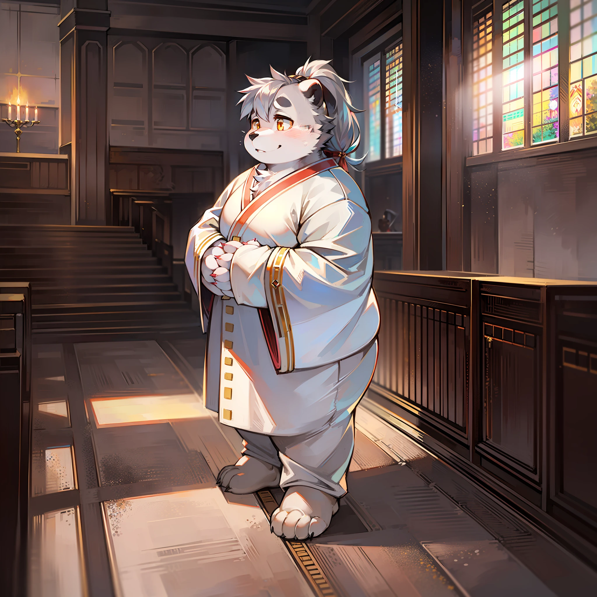 Bright Eyes, Japanese-style Church, Indoor, Panda Anthropomorphic Solo, Holy Light, Sublimation, Furry, Furry Male, Panda, Obese, Male Focus, Full Body Fur, Fluffy Tail, Short Tail, White Fur, Golden Eyes, Gray Hair, Single Ponytail), (Carnivorous Bears), White Uniform, Standing, Papal Profession, Missionary