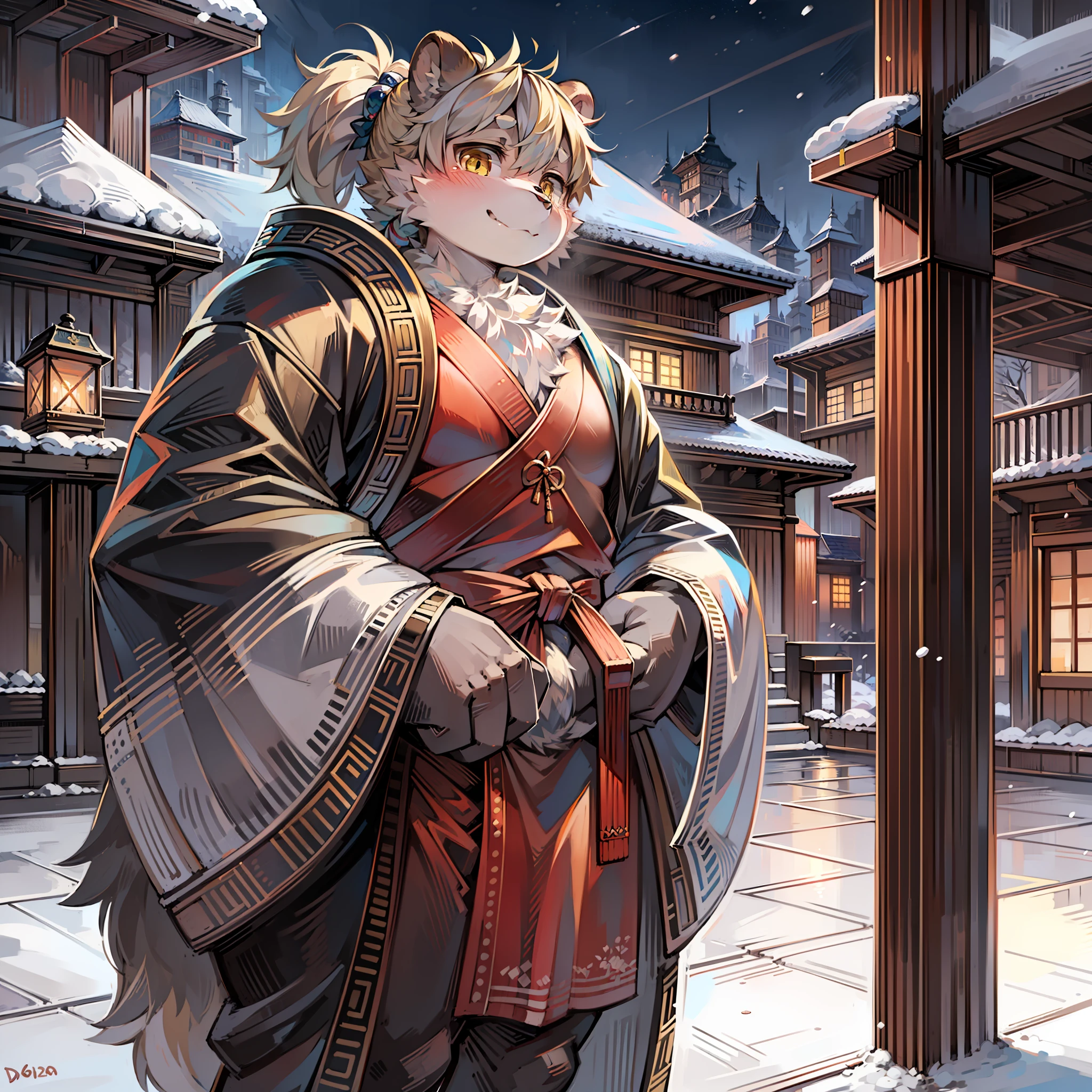 masterpiece, high quality, abstract res, digital painting\(artwork\), by dagasi, yupa, kiyosan, (anthro, fluffy fur, character focus:1.1), anthro male panda, short hair, portrait, night, snow, Bright Eyes, Panorama, Japanese Garden, Pool Side, Outdoor, Character Focus, Solo, Furry, Furry Male, Panda, Obese, Male Focus, Anthr, (Full Body Fur, Fluffy Tail, Short Tail, White Fur, Blonde Eyes, Gray Hair, Single Ponytail), (Carnivorous Bears, Samurai), White Kimono, Standing