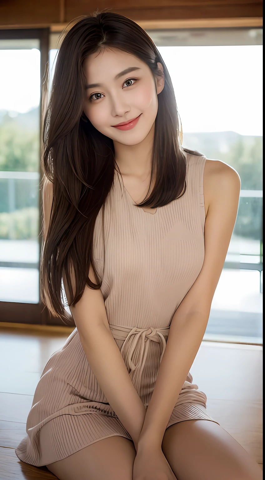 ((Best Quality, 8K, Masterpiece: 1.3)), 1 Girl, Slim Abs Beauty: 1.3, (Hairstyle Casual, Big: 1.2), Dress: 1.1, Super Slender Face, Delicate Eyes, Double Eyelids, Smile, Home, Raw Photo