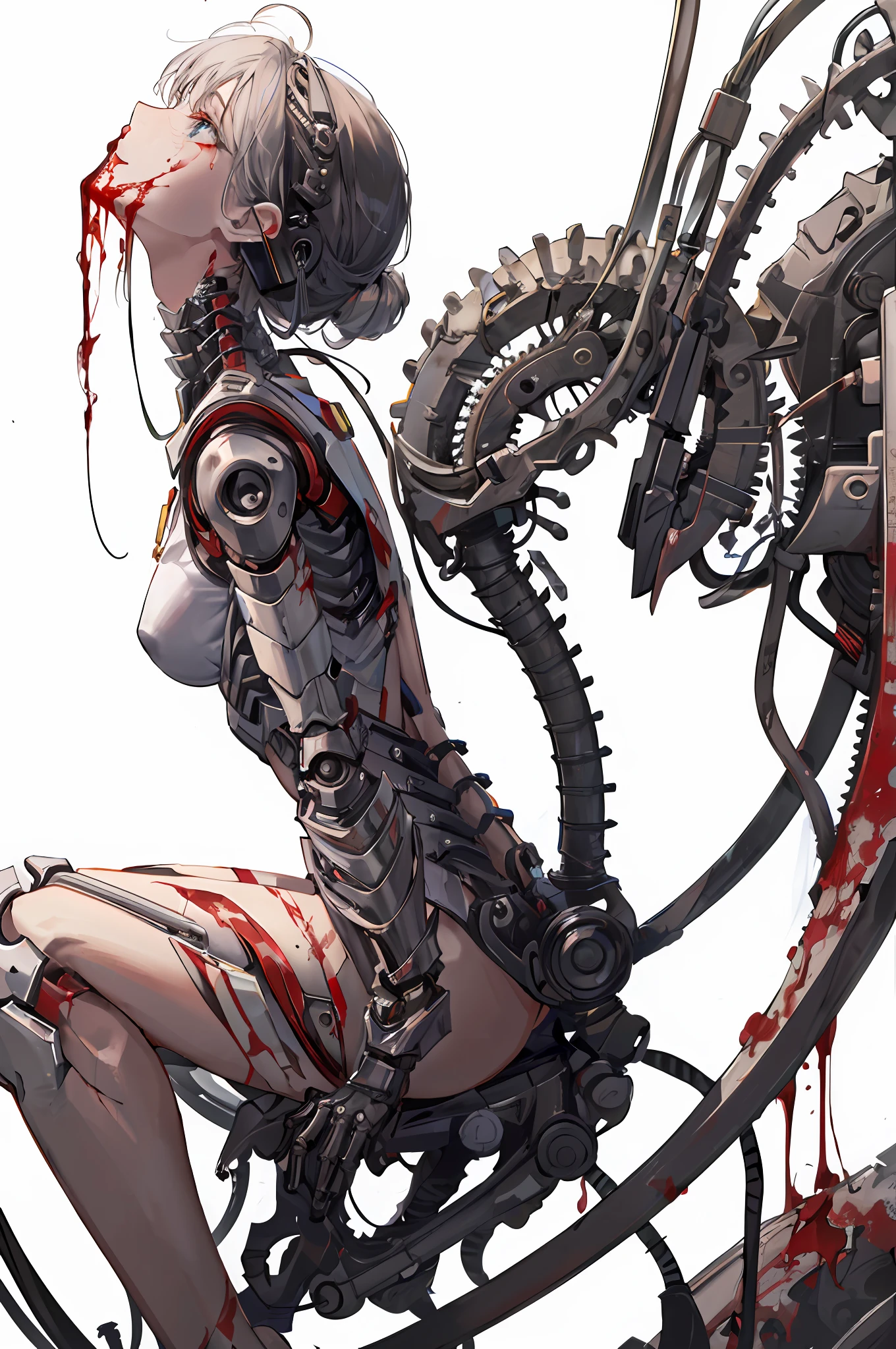 arafed woman sitting on a machine with blood on her body, cracked. biomechanical cyborg, biomechanical oppai, broken beautiful female android!, cyborg - girl, cyborg girl, beutiful girl cyborg, beautiful cyborg girl pinup, translucid. biomechanical cyborg, cyberpunk cyborg. roses, red biomechanical details