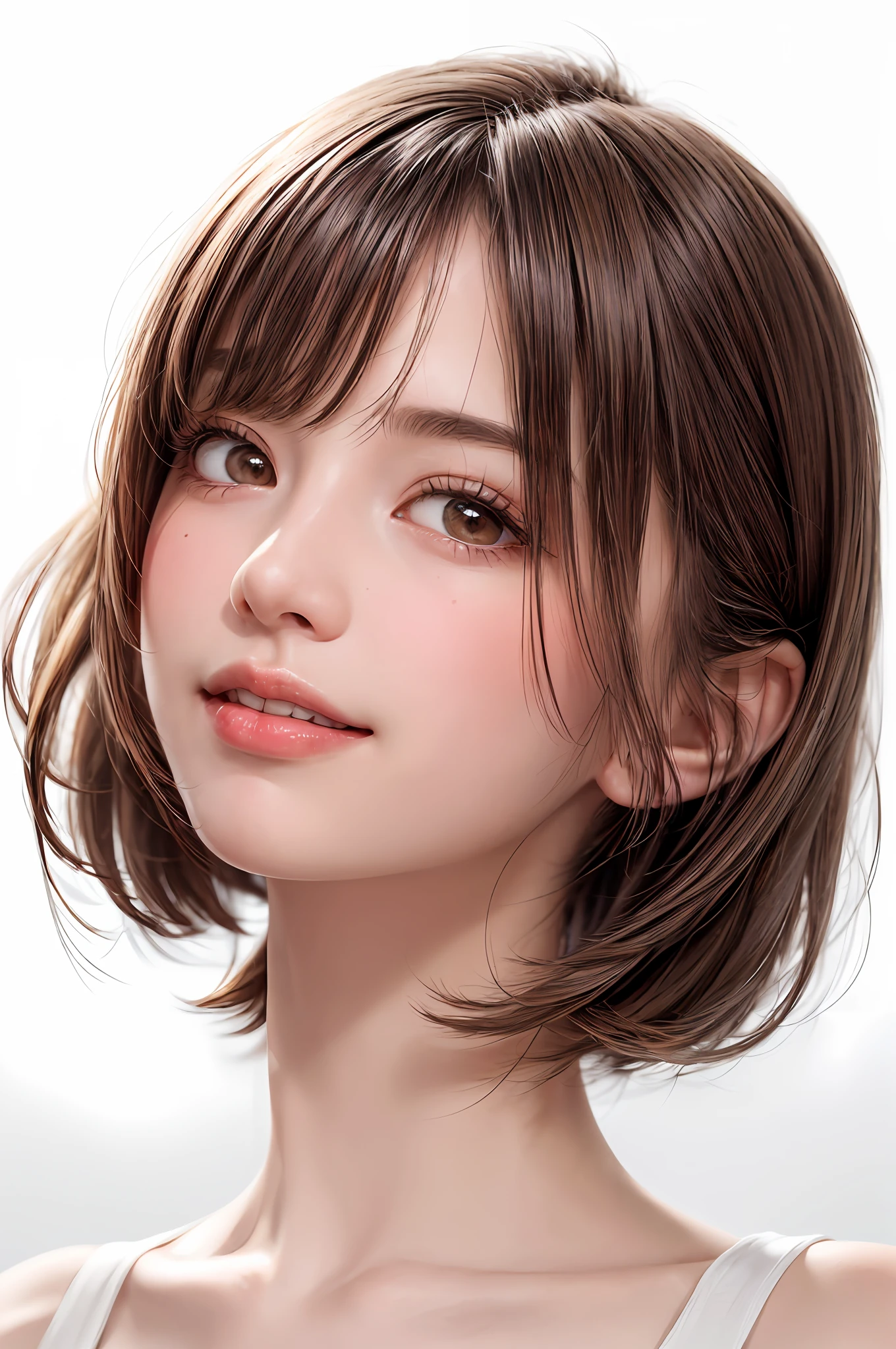 (((showpiece, top quality, high precision)), one girl, (big breasts, photorealistic: 1.4), ((slightly above also look up the camera, look up at the camera, look up, look up at the camera))), solo, , white background, snow-white background, close mouth, happy smile, smile happily, pretty black hair, short hair, Big eyes, pronounced double eyelids, eyelashes, ears out, long neck, long neck, absolute area, ((face close-up, short hair with bangs)), 19 years old, attractive proportions, shiny skin, clean collarbone, golden ratio face, perfect face, teary mole, mole on the chest, bangs, clean bangs, beautiful bangs, lip gloss, thin lips, white skin, undressed, big breasts, small face, small face, Staring at the camera slightly upwards, ((Facing the camera and smiling a little, really nothing pure white background, very big big, big breasts))