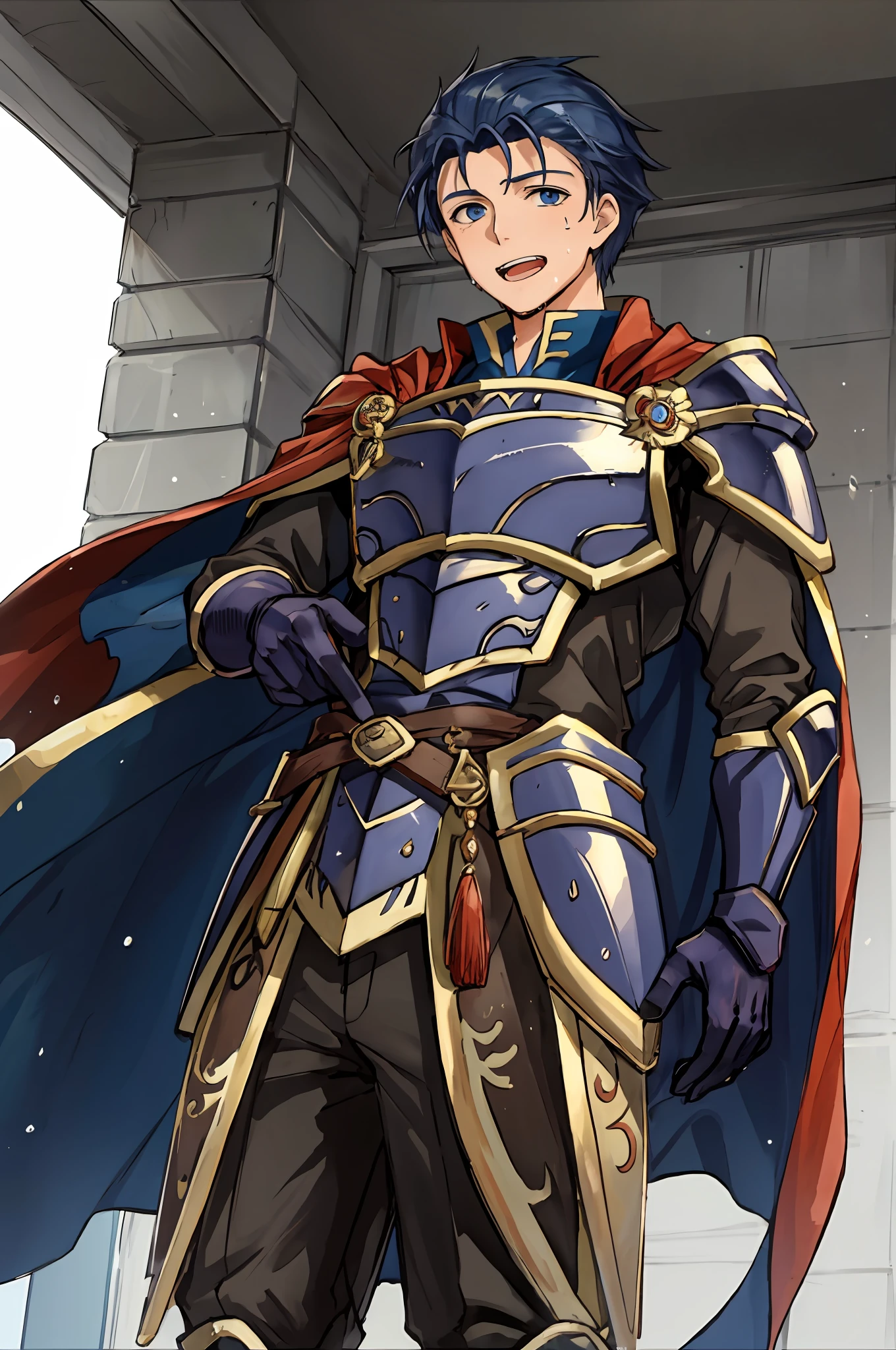 Hector Fey, soloist, looking at the audience, smiling, open mouth, sweating, drenching, wet, drooling, gloves, 1boy, blue hair, male focus, cape, armor, from below,