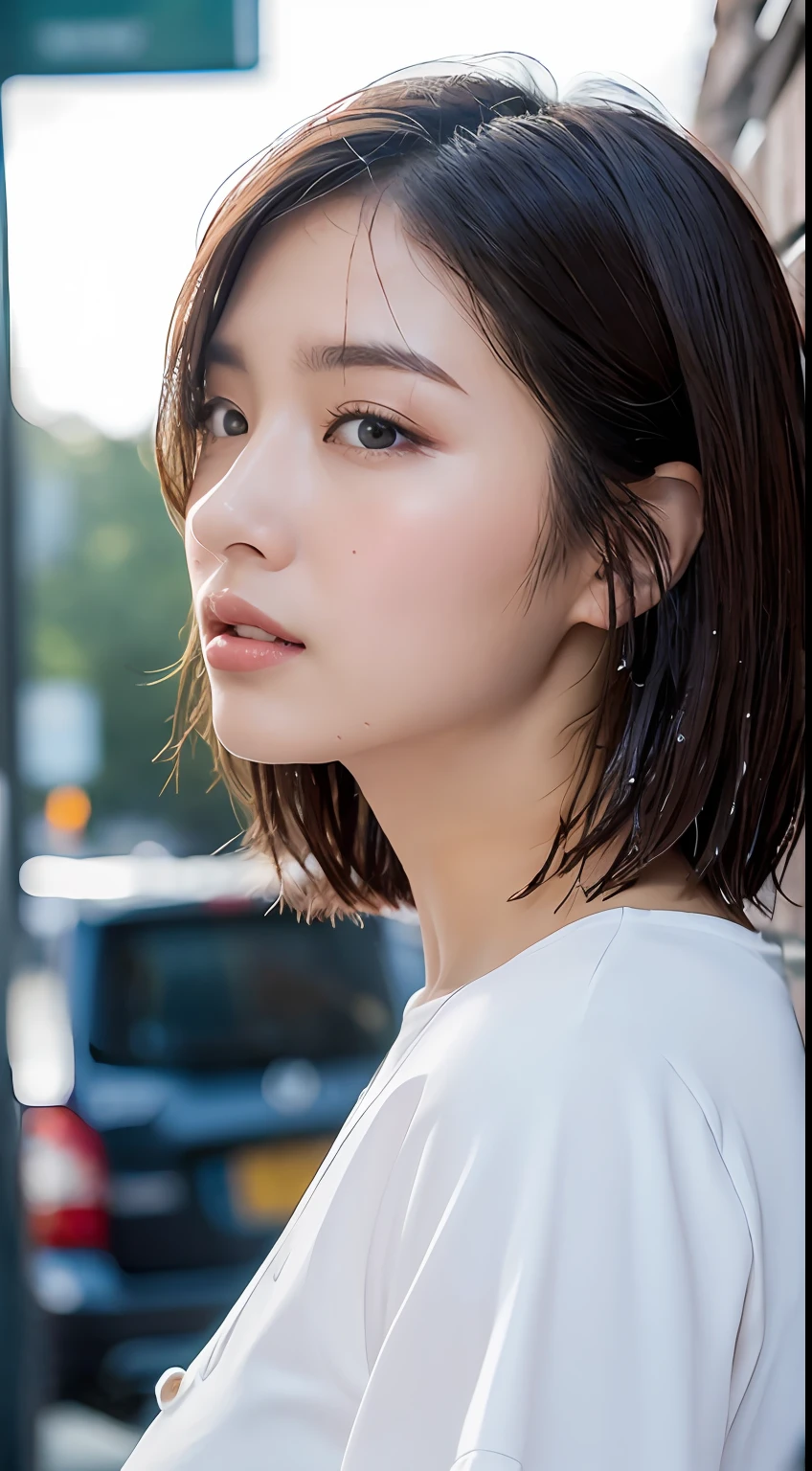 ((Best Quality, 8K, Masterpiece: 1.3)), Sharp: 1.2, Perfect Body Beauty: 1.4, Slim Abs: 1.2, ((Layered Hairstyle, Big Breasts: 1.2)), (Wet White Button Long Shirt: 1.1), (Rain, Street: 1.2), Wet: 1.5, Highly detailed face and skin texture, detailed eyes, double eyelids, side face looking at the camera