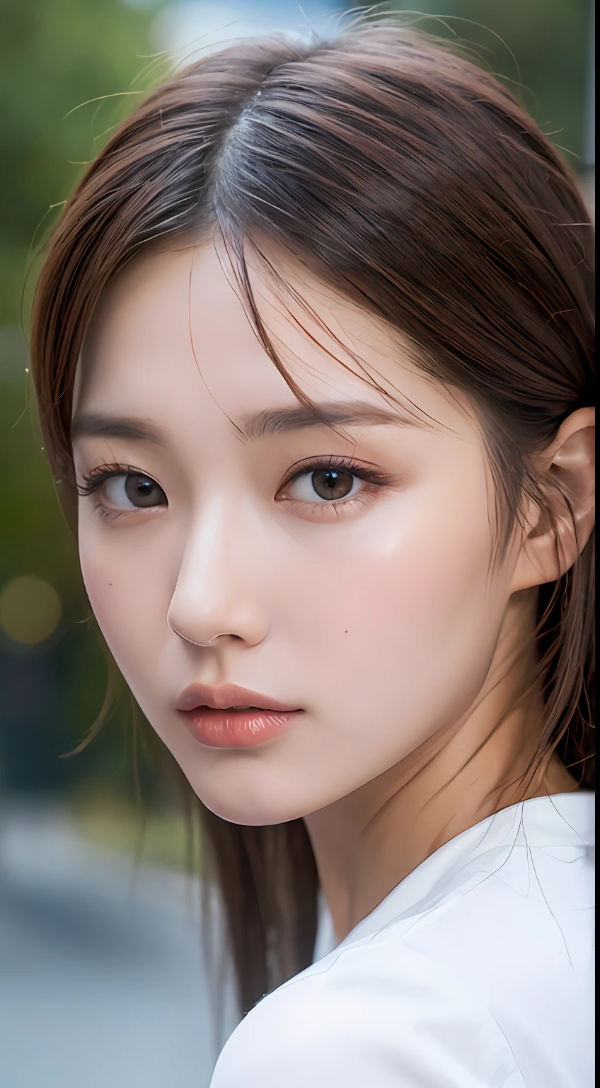 ((Best Quality, 8K, Masterpiece: 1.3)), Sharp: 1.2, Perfect Body Beauty: 1.4, Slim Abs: 1.2, ((Layered Hairstyle, Big Breasts: 1.2)), (Wet White Button Long Shirt: 1.1), (Rain, Street: 1.2), Wet: 1.5, Highly detailed face and skin texture, detailed eyes, double eyelids, side face looking at the camera