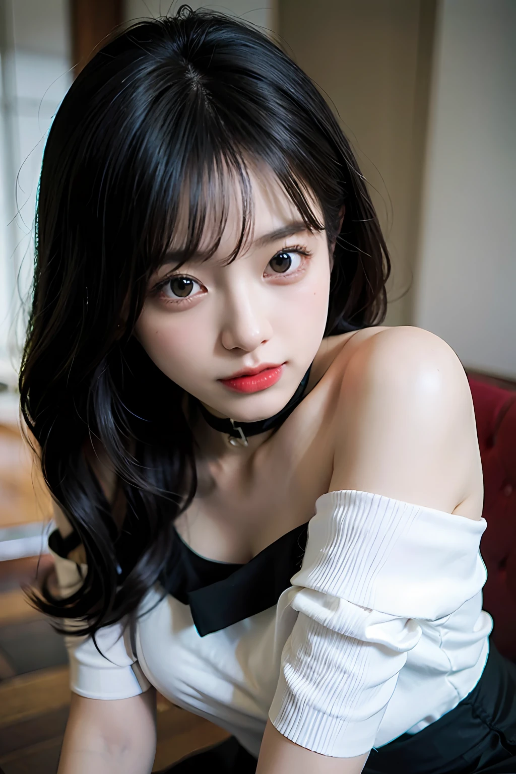 yuyao,best quaity,Super Hi-Res,(Realism:1.4),1girle,Off-the-shoulder white shirt,Black tight skirt,Black collar,(Faded gray hair:1),(enormous breast:1.2),looking at the viewer,closeup,