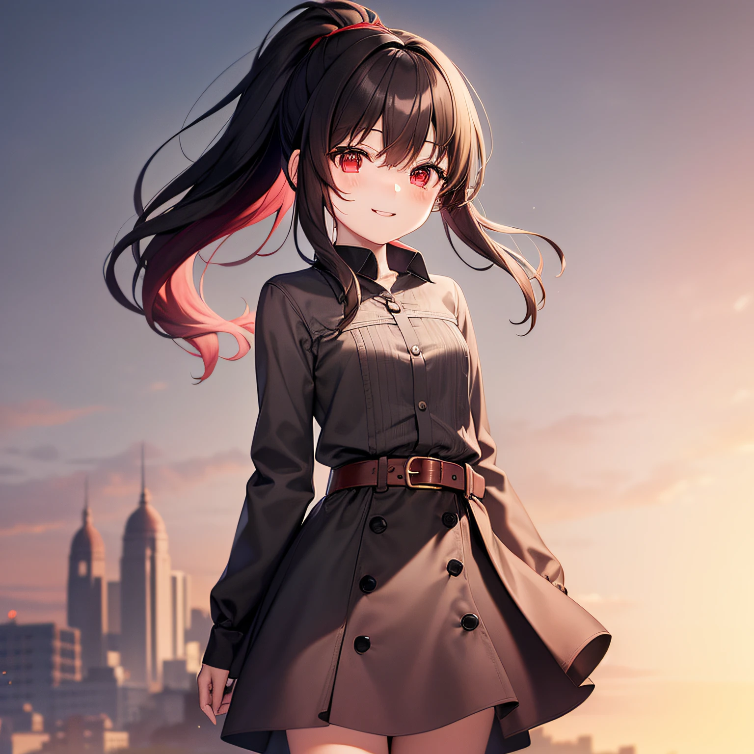 bestquality、extremely delicate and beautiful、(One person)、girly、girly、11 years old、(Dark hair)、Gray clothes with vertical buttons、Belt at waist、Gray skirt、((ponytail))、(Red Hair Band)、(Brown boots)、Red eyes、Standing、smiles、